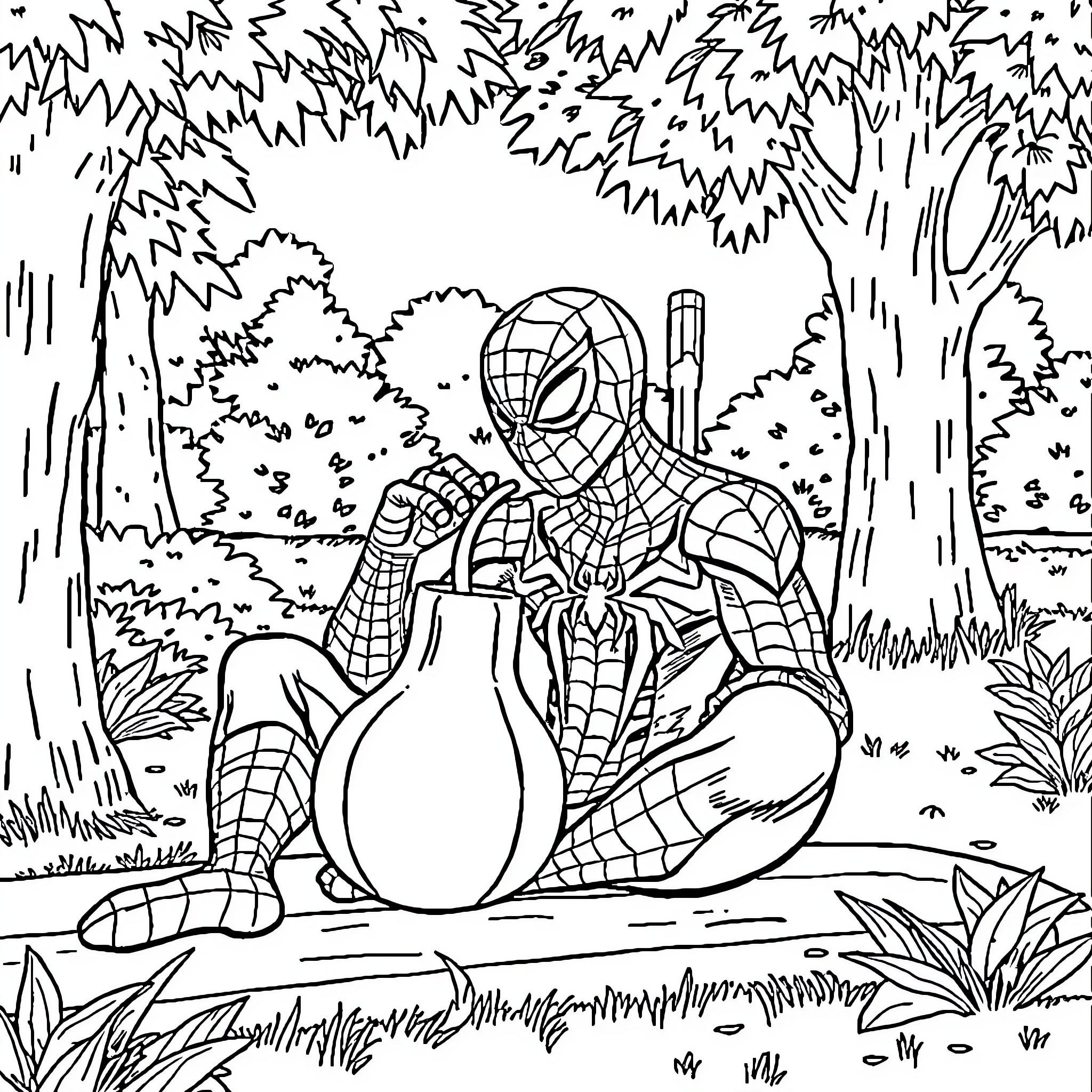 Spiderman swinging through a forest landscape Coloring Page (free black-and-white line drawing printable PDF for all, from beginners to advanced learners, including children, teens, adults, and seniors)