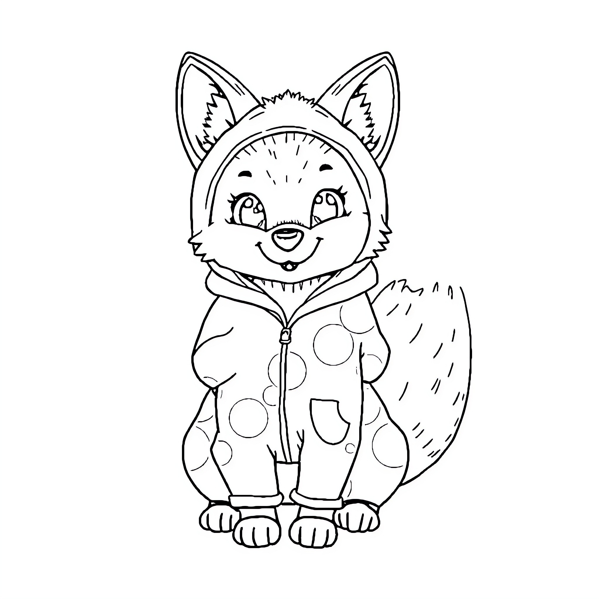 Fox in Playful Polka Dot Outfit Coloring Page (free black-and-white line drawing printable PDF for all, from beginners to advanced learners, including children, teens, adults, and seniors)