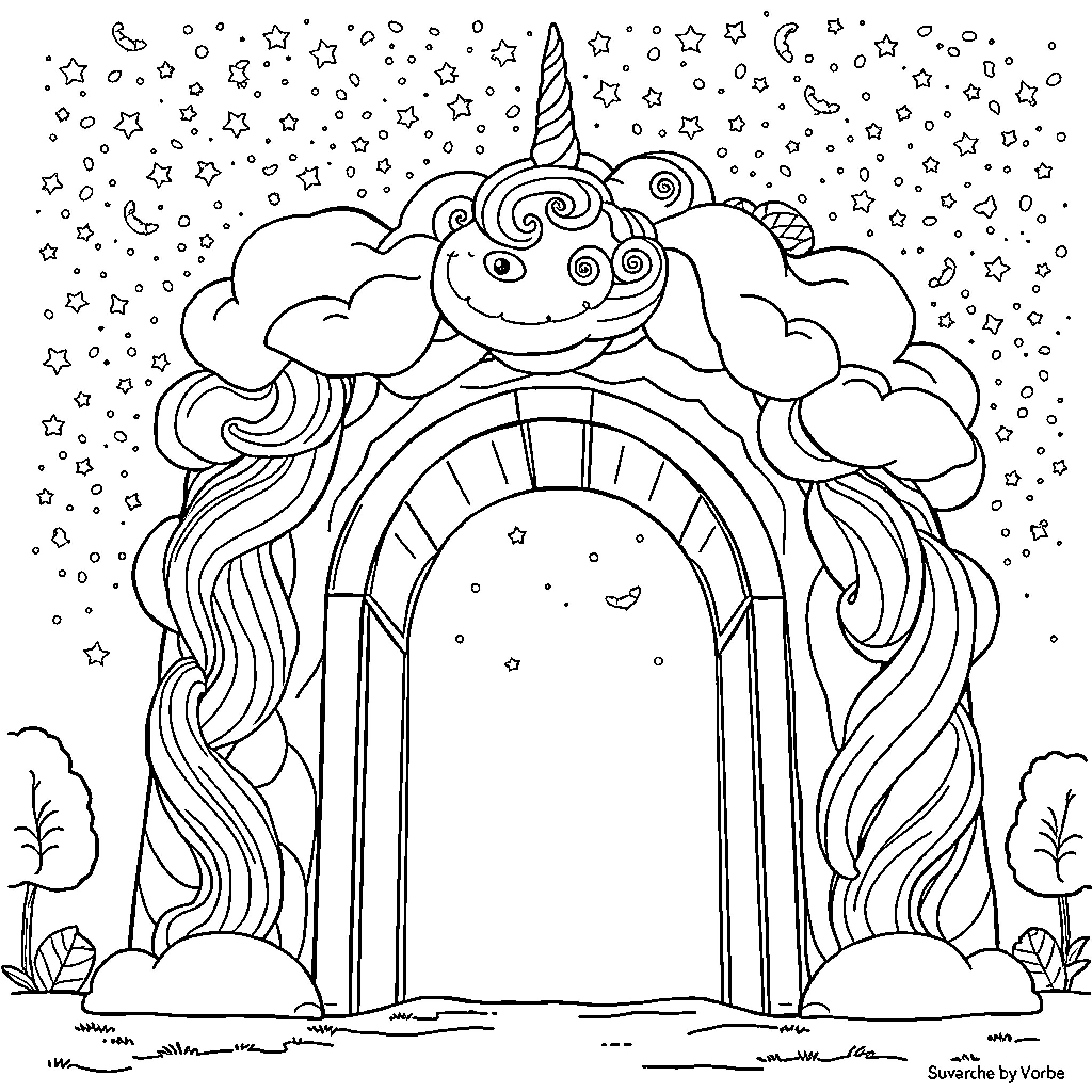 Unicorn standing under a magical archway with clouds Coloring Page (free black-and-white line drawing printable PDF for all, from beginners to advanced learners, including children, teens, adults, and seniors)