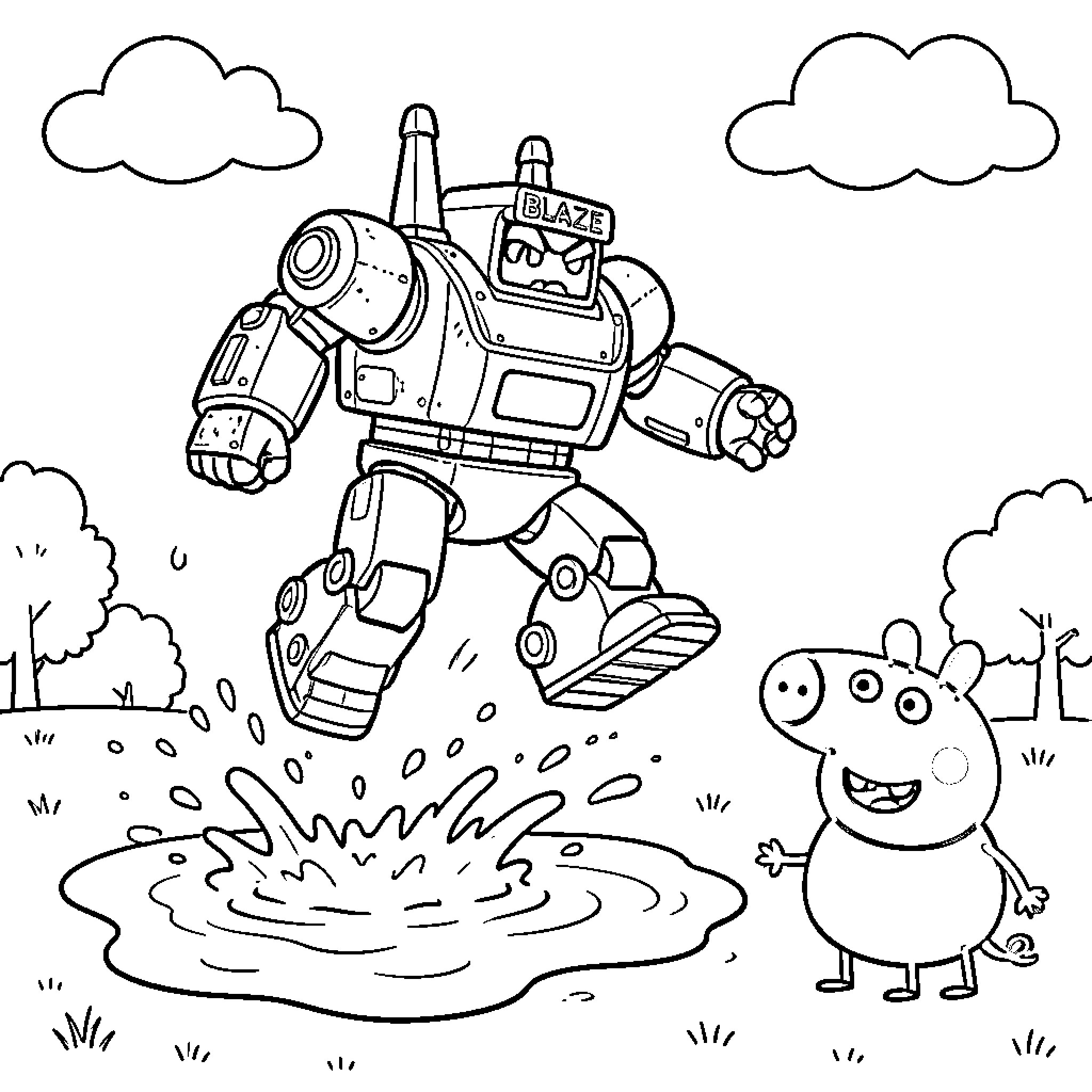 Blaze the robot jumping into a splashy puddle Coloring Page (free black-and-white line drawing printable PDF for all, from beginners to advanced learners, including children, teens, adults, and seniors)