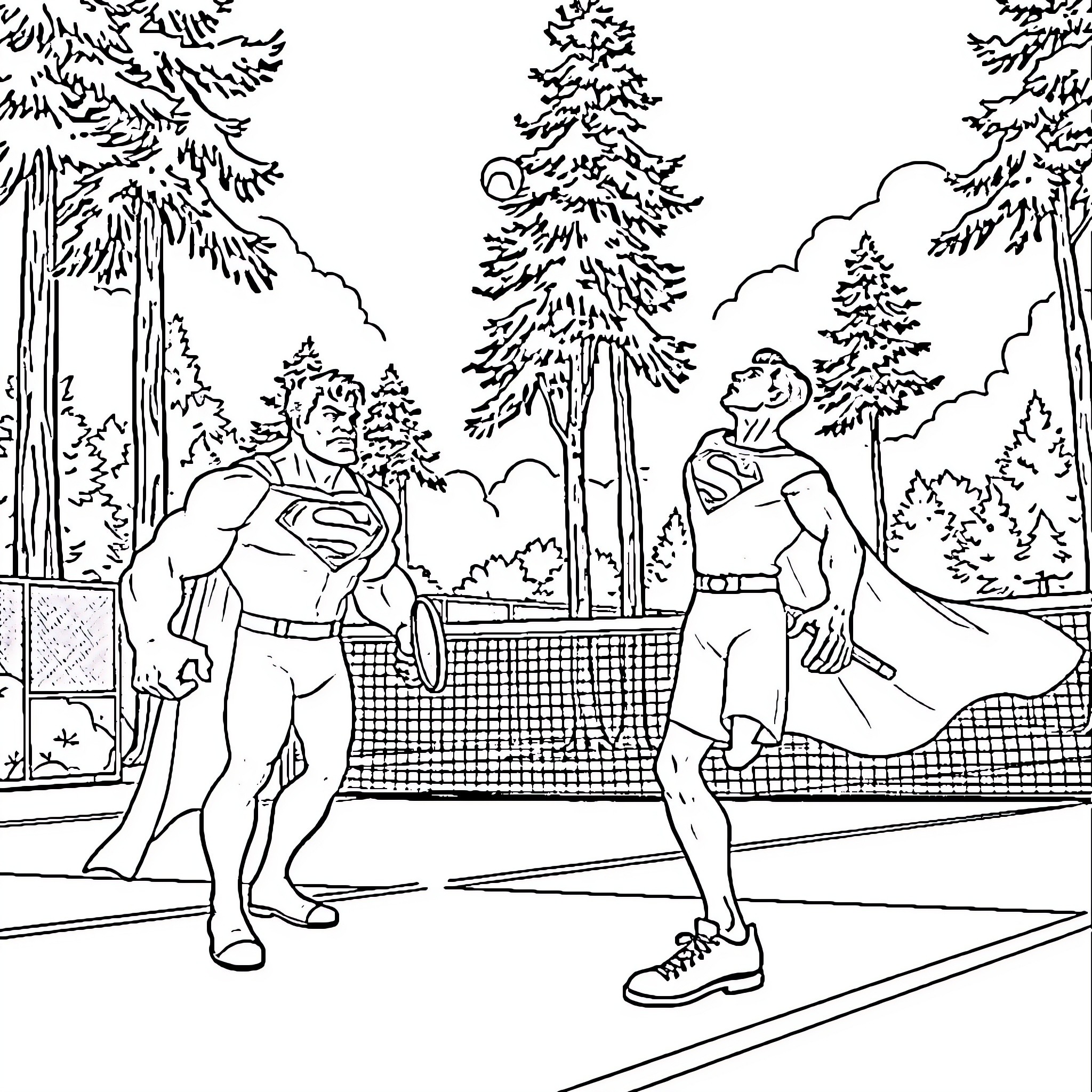 Superman playing tennis with a friend in a forest setting Coloring Page (free black-and-white line drawing printable PDF for all, from beginners to advanced learners, including children, teens, adults, and seniors)