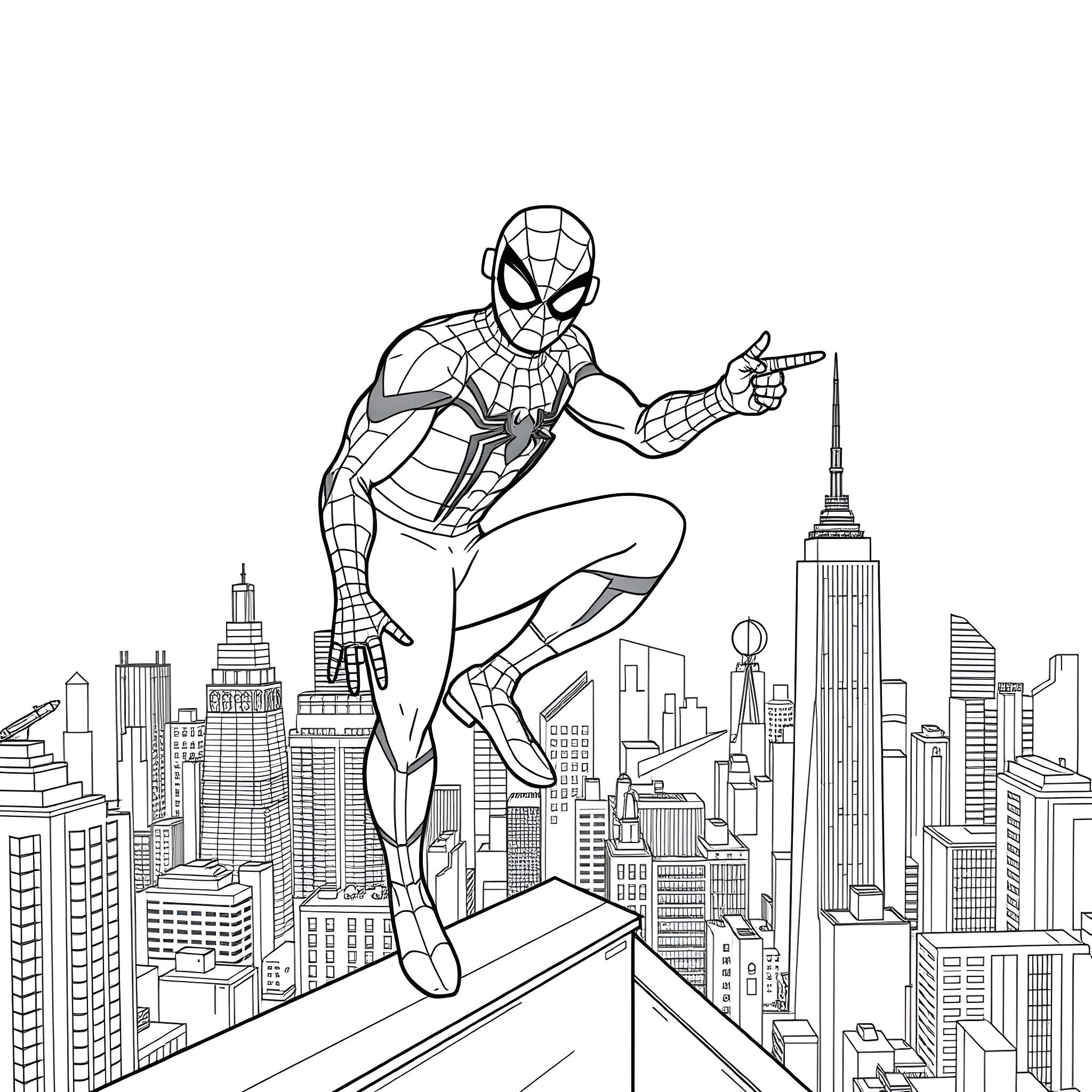 Spiderman swinging over the cityscape Coloring Page (free black-and-white line drawing printable PDF for all, from beginners to advanced learners, including children, teens, adults, and seniors)