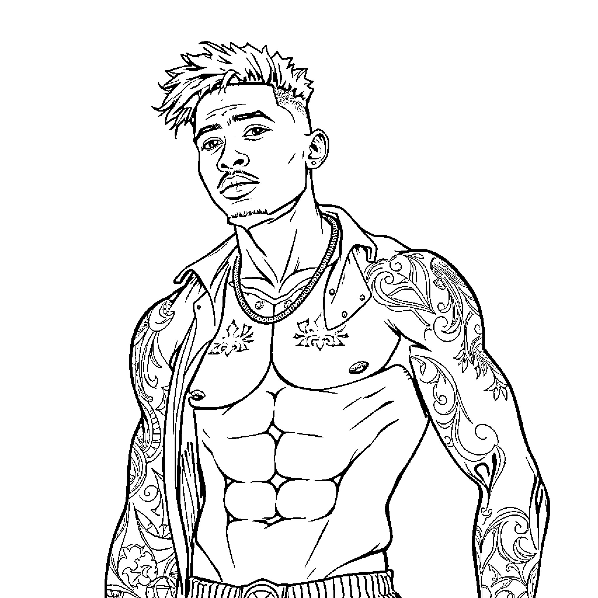 NBA Youngboy in Intense Pose with Intricate Tattoos Coloring Page (free black-and-white line drawing printable PDF for all, from beginners to advanced learners, including children, teens, adults, and seniors)
