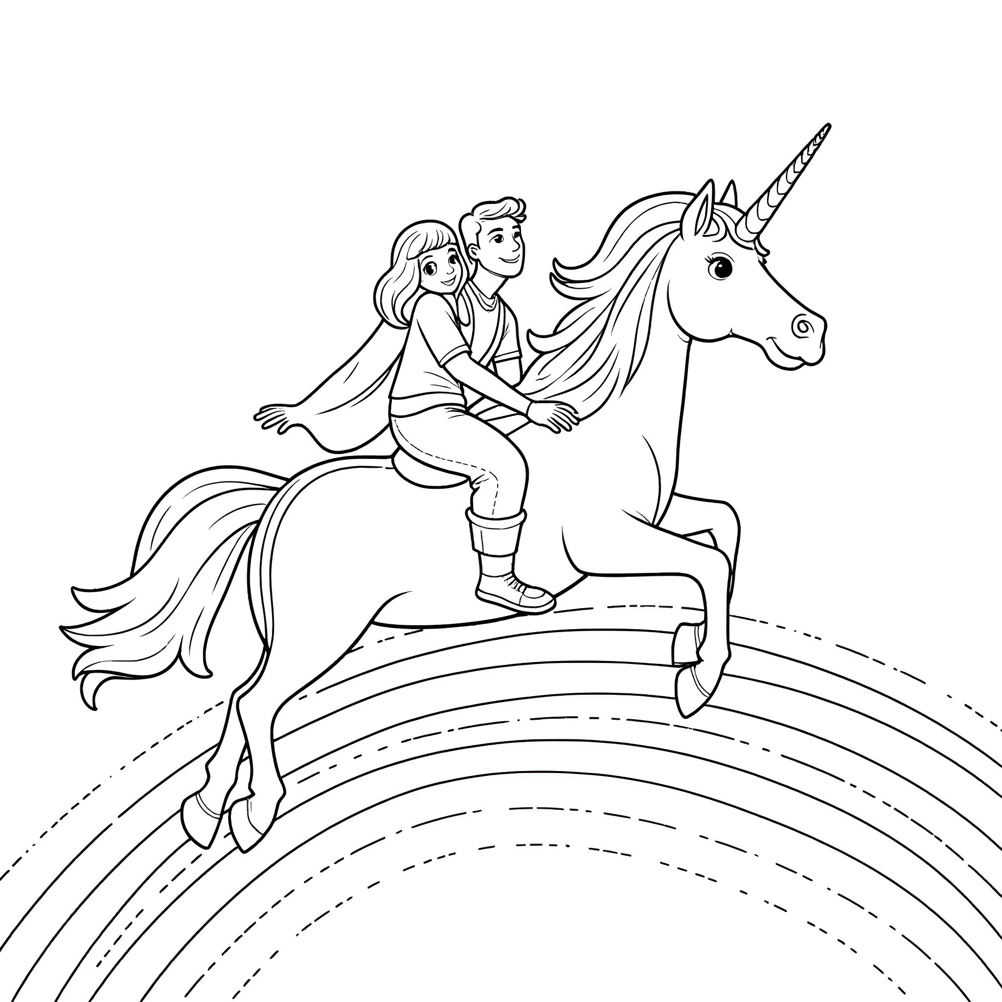 Unicorn ride through a magical land Coloring Page (free black-and-white line drawing printable PDF for all, from beginners to advanced learners, including children, teens, adults, and seniors)