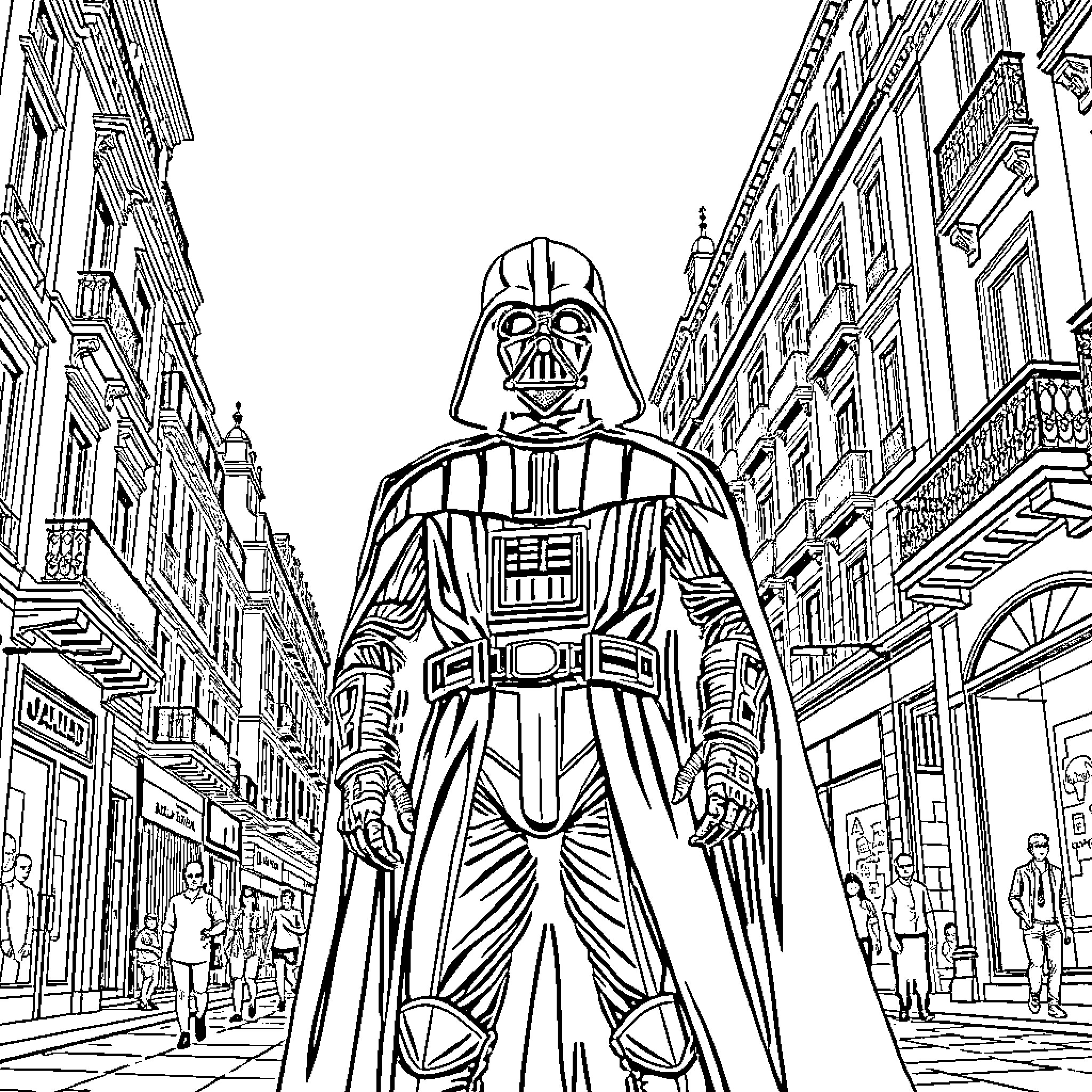 Darth Vader looming over the city streets Coloring Page (free black-and-white line drawing printable PDF for all, from beginners to advanced learners, including children, teens, adults, and seniors)