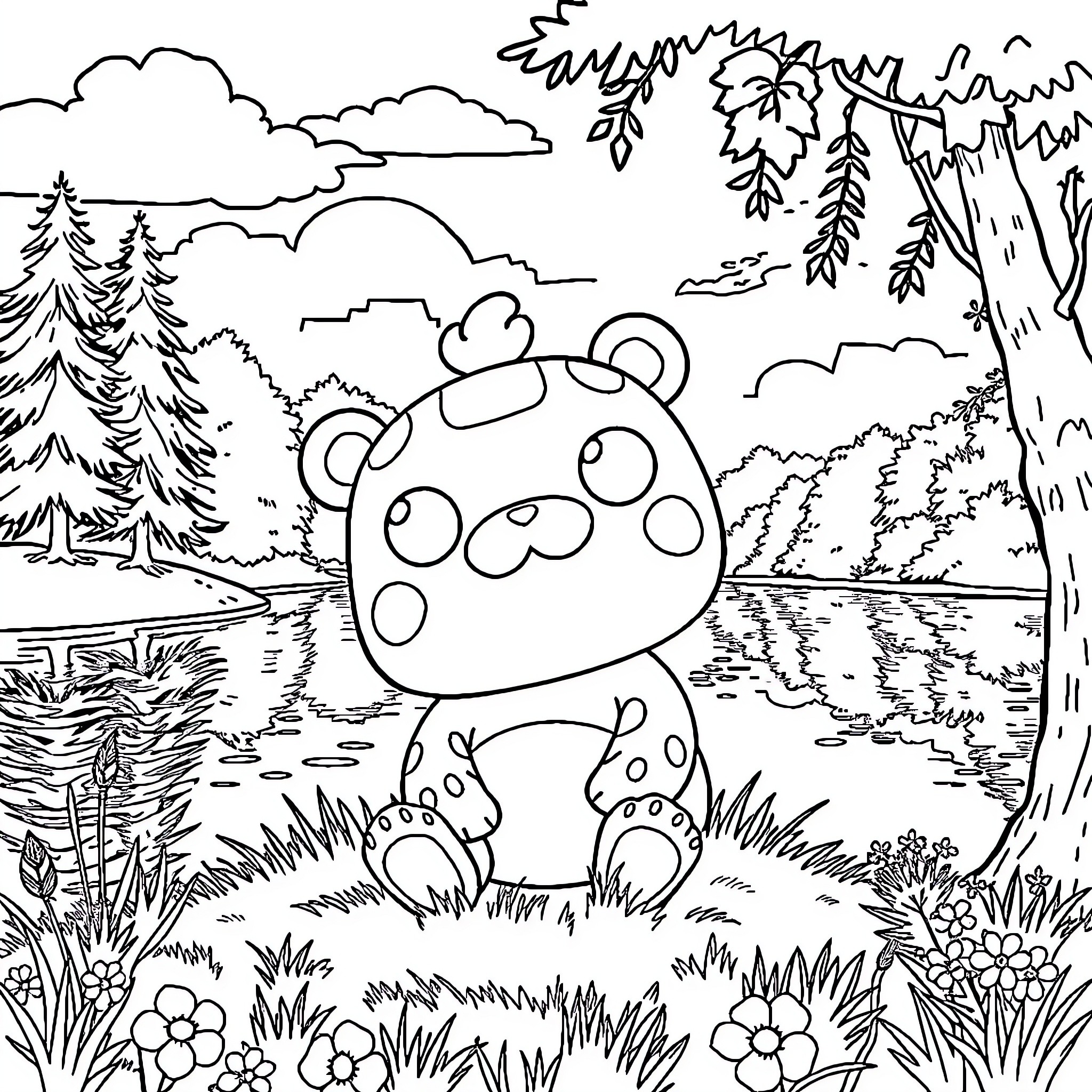Labubu's nature adventure in the forest Coloring Page (free black-and-white line drawing printable PDF for all, from beginners to advanced learners, including children, teens, adults, and seniors)