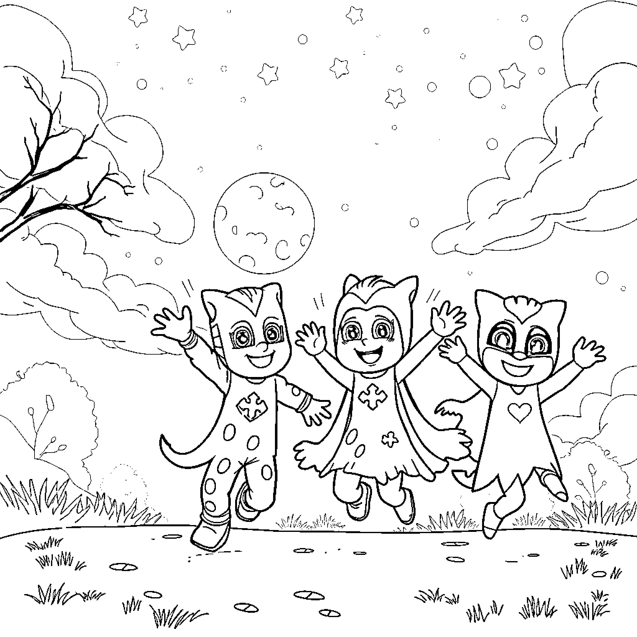 Pjmasks characters playing together under the night sky Coloring Page (free black-and-white line drawing printable PDF for all, from beginners to advanced learners, including children, teens, adults, and seniors)