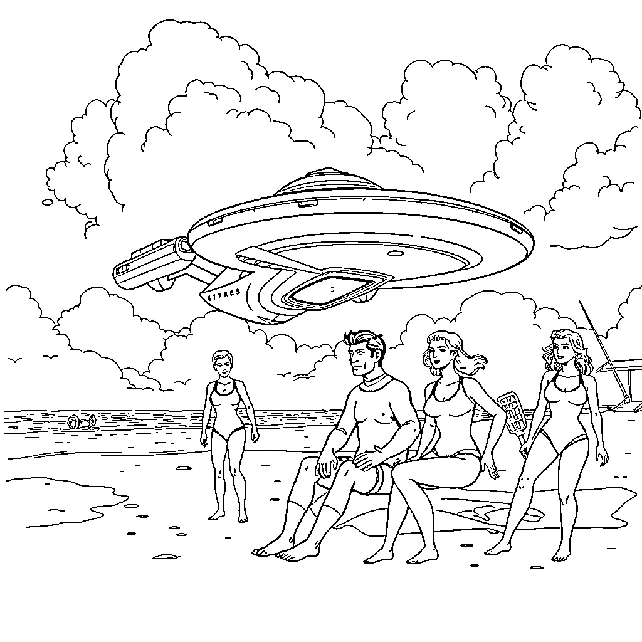Star Trek: Spaceship and Humans on Alien Beach Coloring Page (free black-and-white line drawing printable PDF for all, from beginners to advanced learners, including children, teens, adults, and seniors)