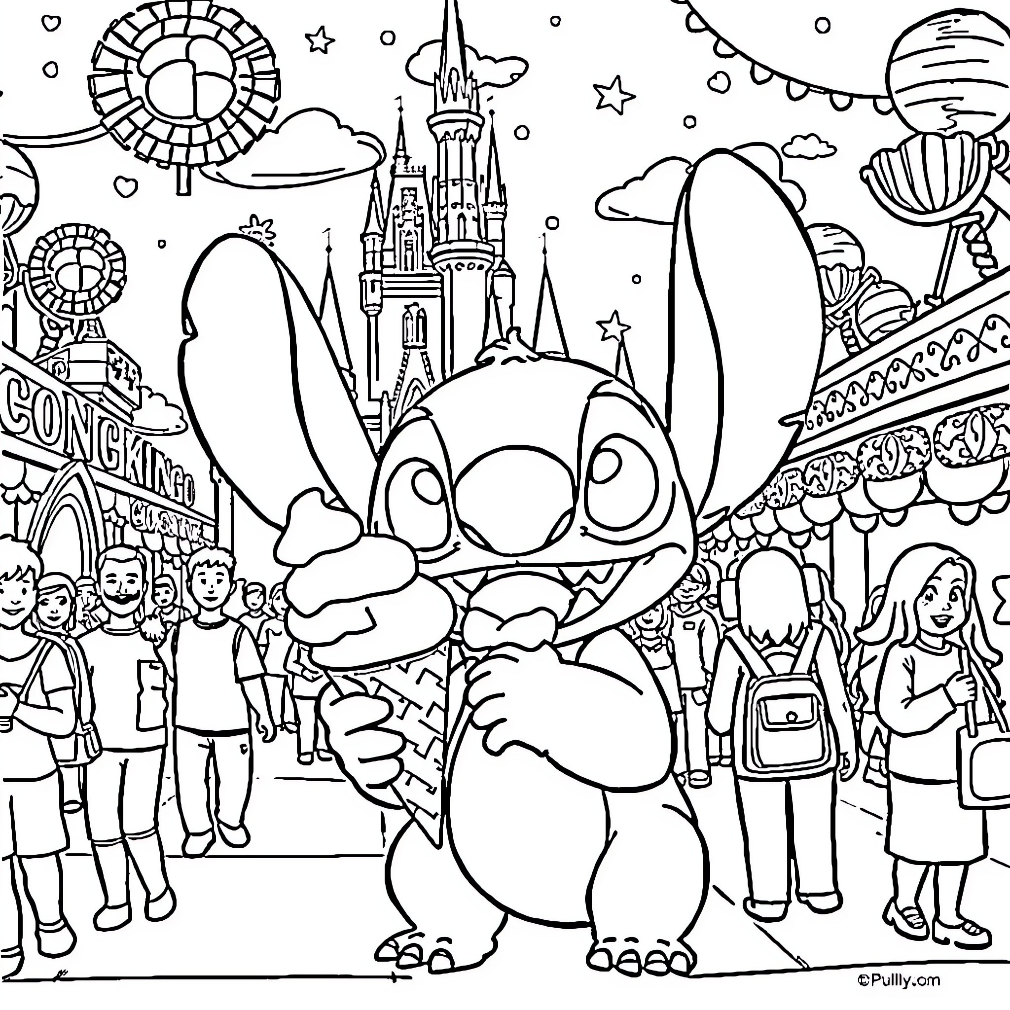 Stitch Exploring the Enchanting Amusement Park Coloring Page (free black-and-white line drawing printable PDF for all, from beginners to advanced learners, including children, teens, adults, and seniors)
