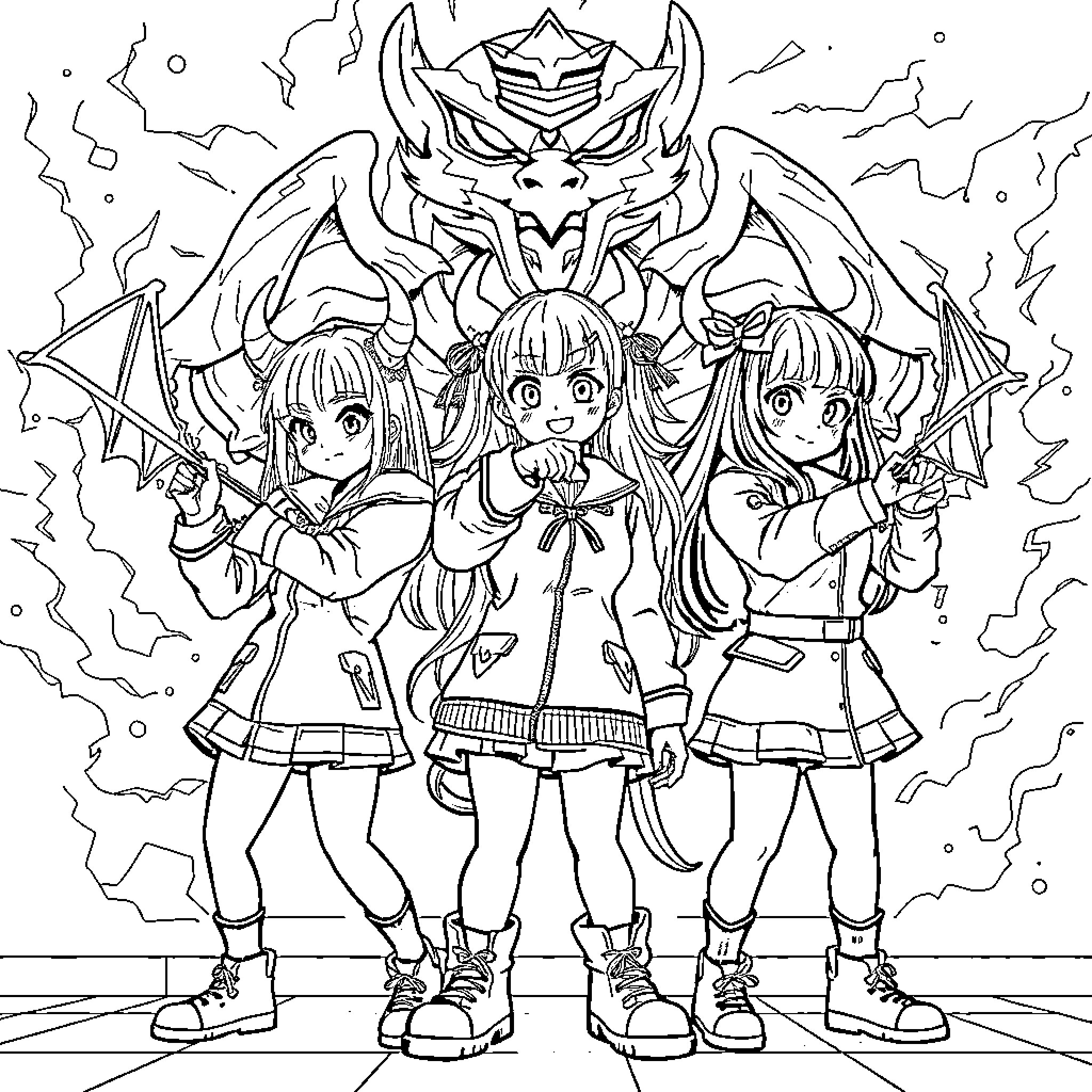 K Pop Anime Girls Battling Fearsome Creature Coloring Page (free black-and-white line drawing printable PDF for all, from beginners to advanced learners, including children, teens, adults, and seniors)