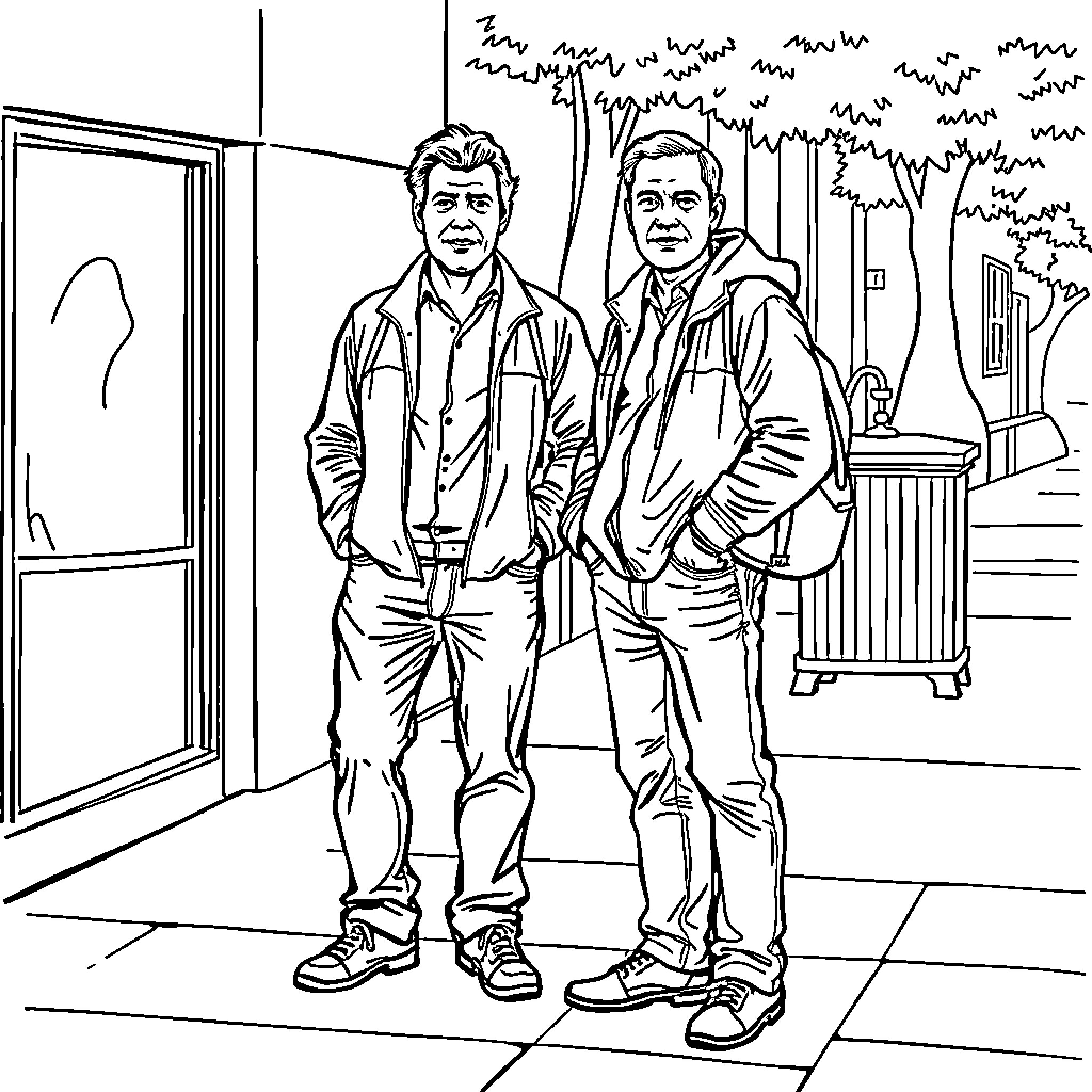 Man Standing with Another Man Outside Building Coloring Page (free black-and-white line drawing printable PDF for all, from beginners to advanced learners, including children, teens, adults, and seniors)