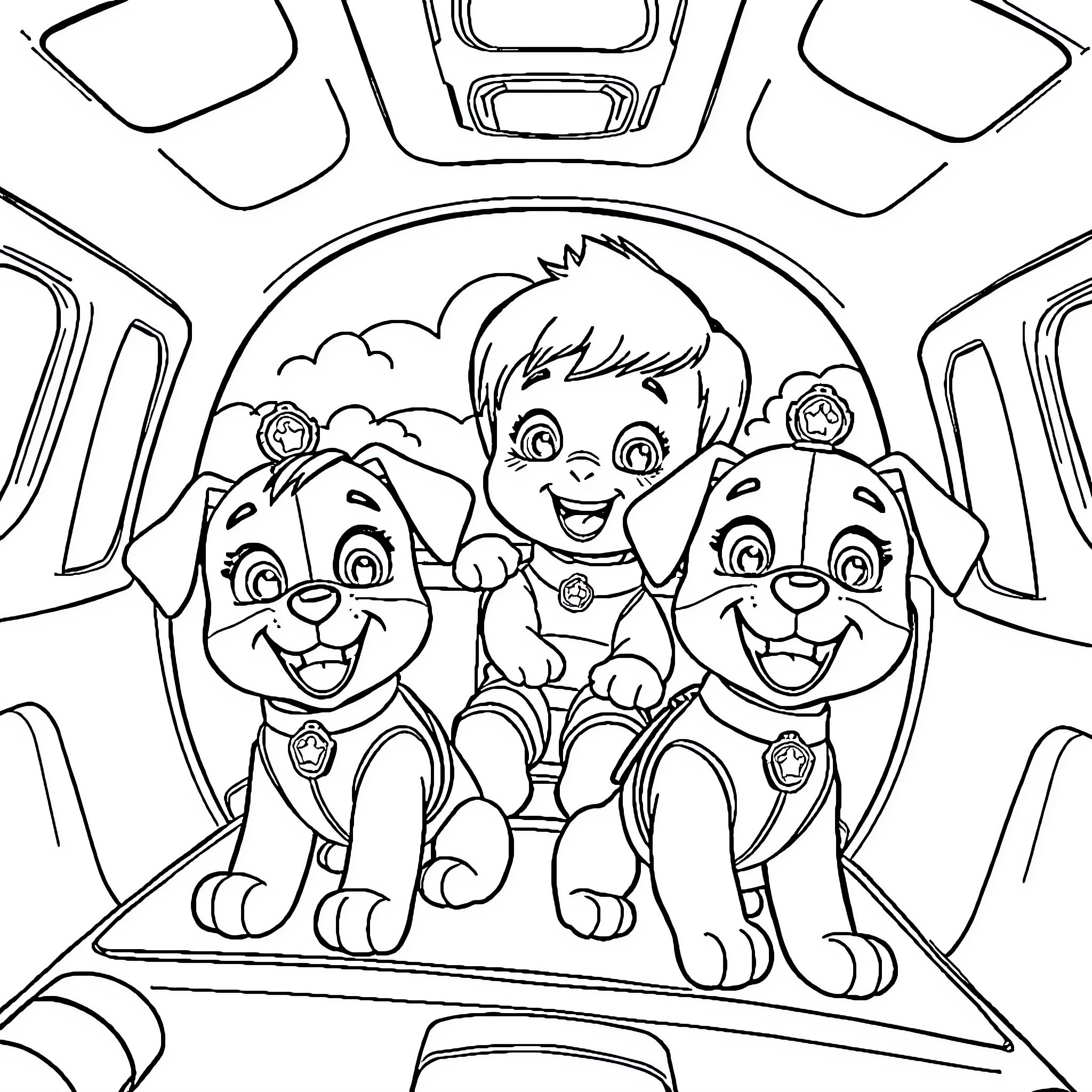 Paw Patrol characters exploring in vehicle Coloring Page (free black-and-white line drawing printable PDF for all, from beginners to advanced learners, including children, teens, adults, and seniors)