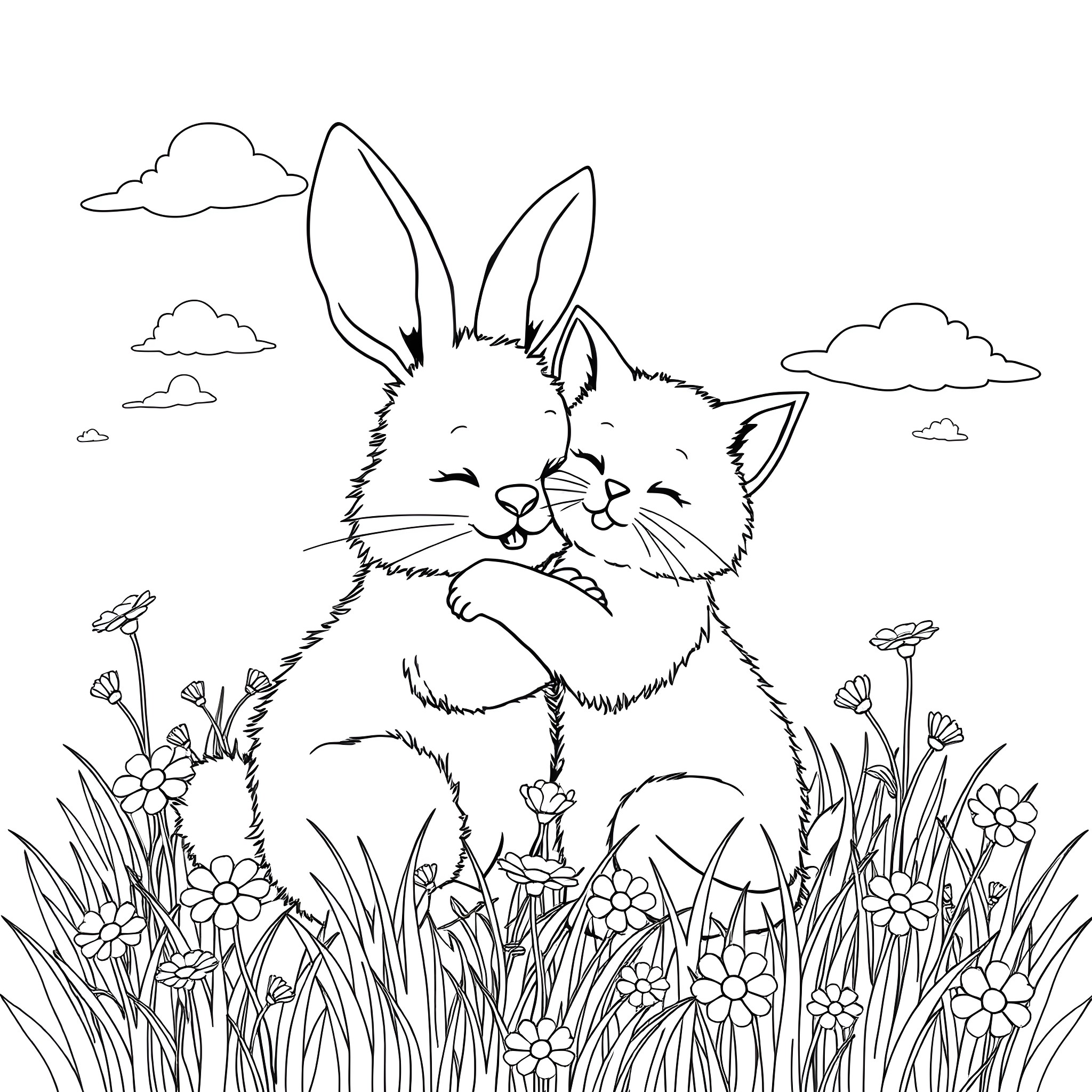 Bunny relaxing in the grassy meadow Coloring Page (free black-and-white line drawing printable PDF for all, from beginners to advanced learners, including children, teens, adults, and seniors)