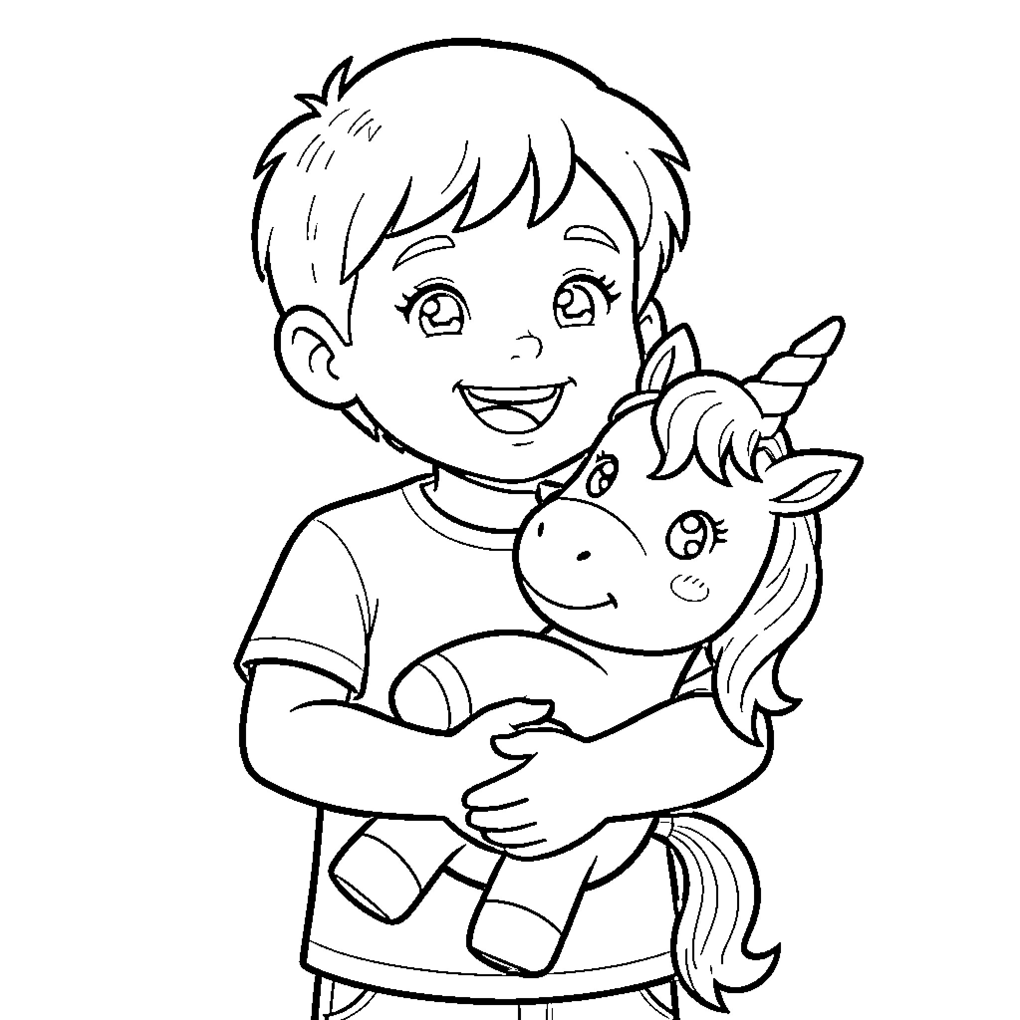 Child smiling while hugging a stuffed unicorn Coloring Page (free black-and-white line drawing printable PDF for all, from beginners to advanced learners, including children, teens, adults, and seniors)