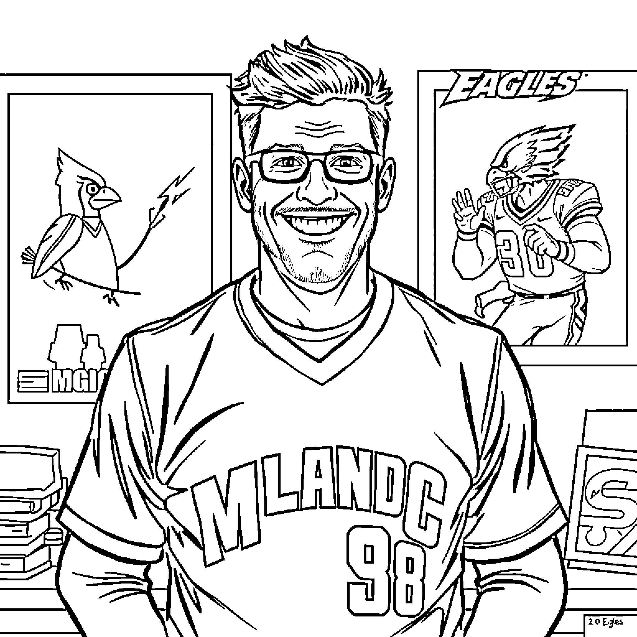 Teacher smiles with sports jersey in classroom Coloring Page (free black-and-white line drawing printable PDF for all, from beginners to advanced learners, including children, teens, adults, and seniors)
