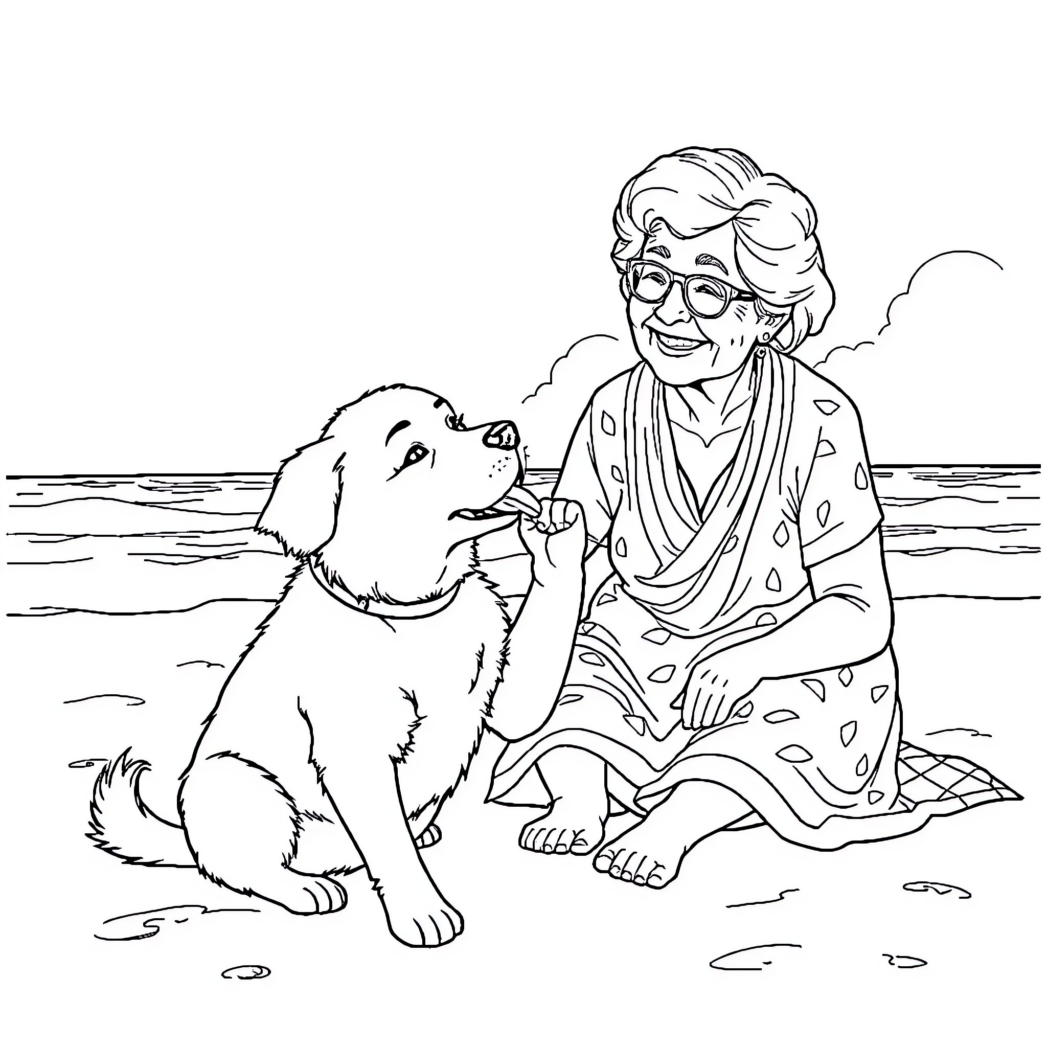 Dog playing joyfully with elderly woman on the beach Coloring Page (free black-and-white line drawing printable PDF for all, from beginners to advanced learners, including children, teens, adults, and seniors)