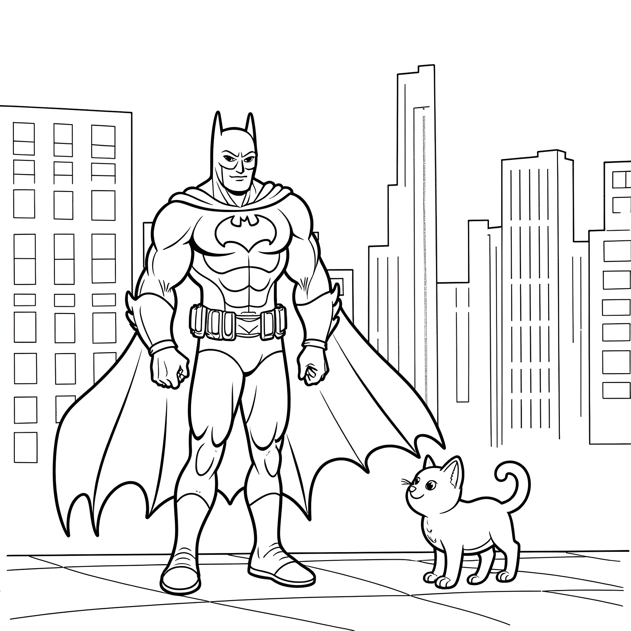 Batman Protecting the City with Sidekick Companion Coloring Page (free black-and-white line drawing printable PDF for all, from beginners to advanced learners, including children, teens, adults, and seniors)