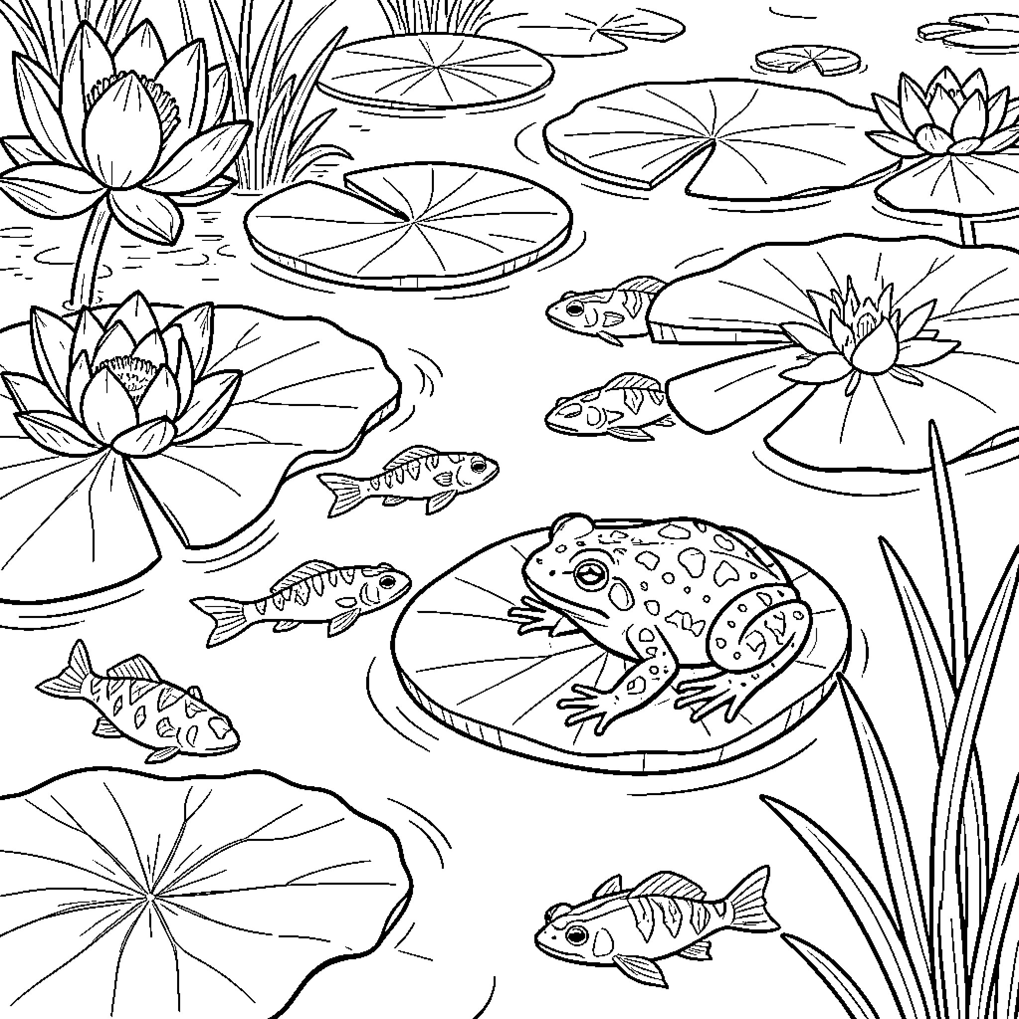 Lotus pond scene with a frog and swimming fish Coloring Page (free black-and-white line drawing printable PDF for all, from beginners to advanced learners, including children, teens, adults, and seniors)