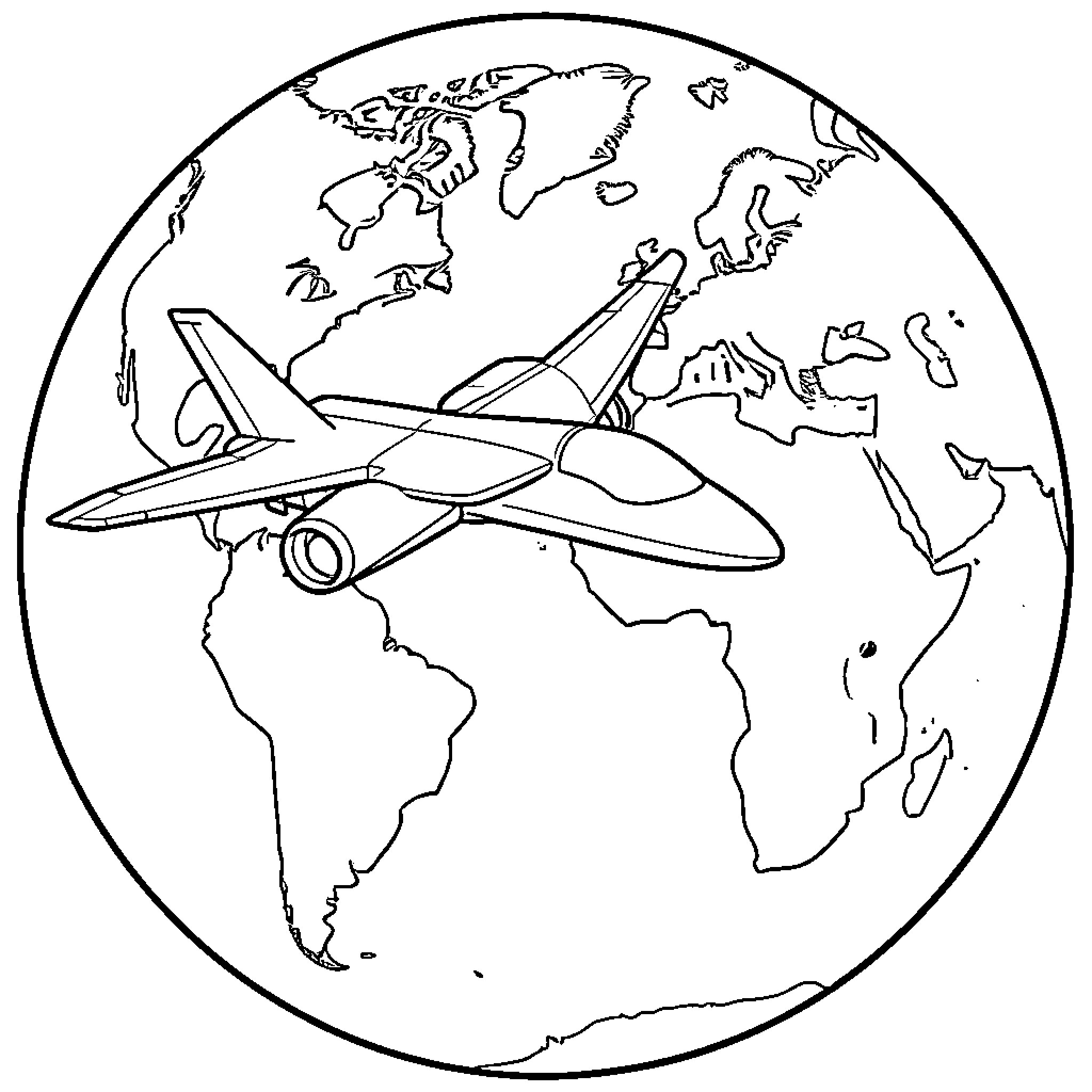 Jet flying over a map of the world Coloring Page (free black-and-white line drawing printable PDF for all, from beginners to advanced learners, including children, teens, adults, and seniors)