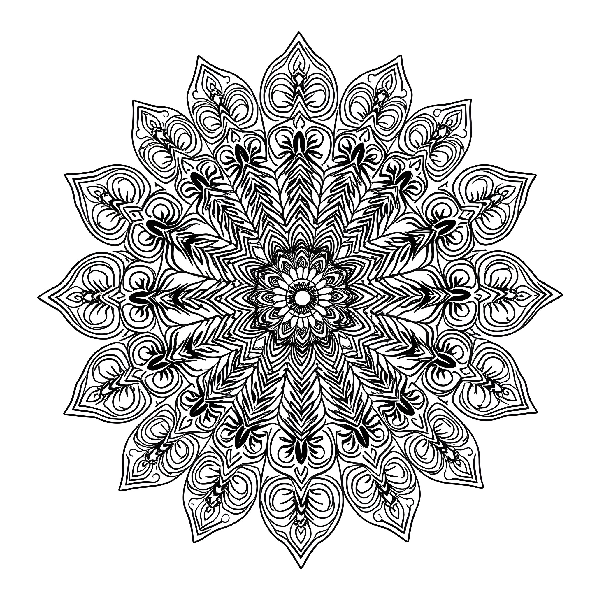 Mandala of intricate floral patterns Coloring Page (free black-and-white line drawing printable PDF for all, from beginners to advanced learners, including children, teens, adults, and seniors)