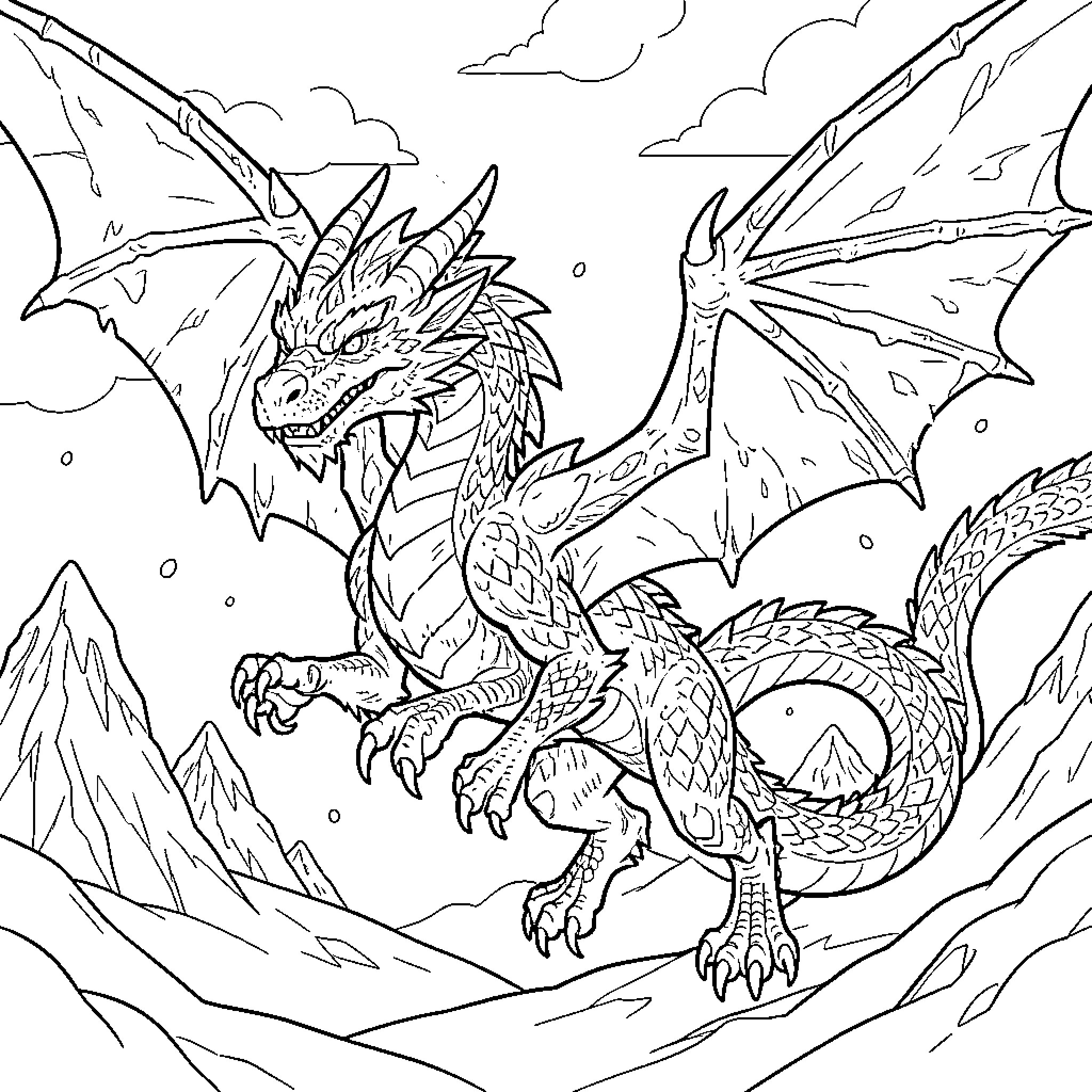 Ice Dragon soaring majestically over snowy mountain peaks Coloring Page (free black-and-white line drawing printable PDF for all, from beginners to advanced learners, including children, teens, adults, and seniors)