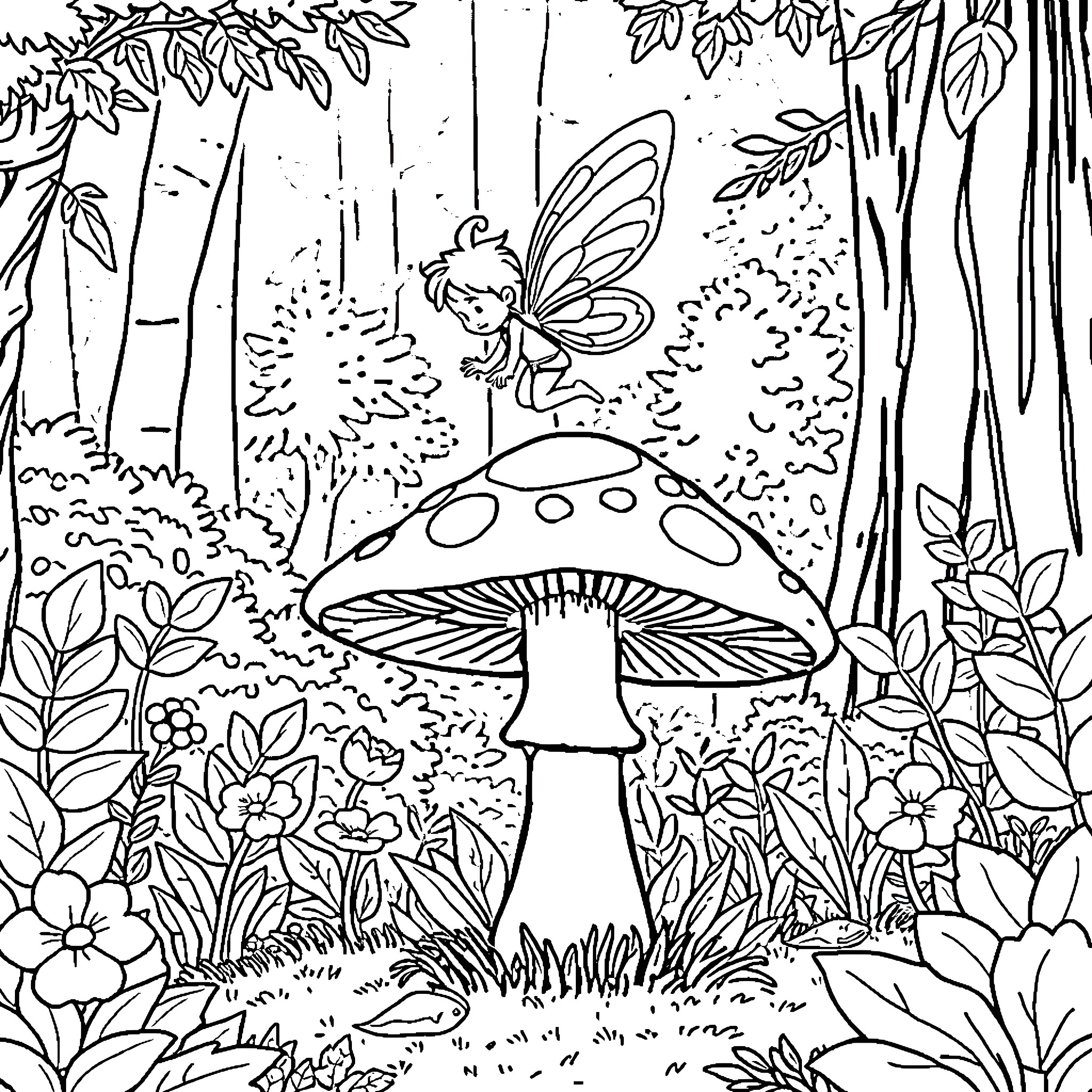 Fairy exploring enchanted forest with mushrooms Coloring Page (free black-and-white line drawing printable PDF for all, from beginners to advanced learners, including children, teens, adults, and seniors)