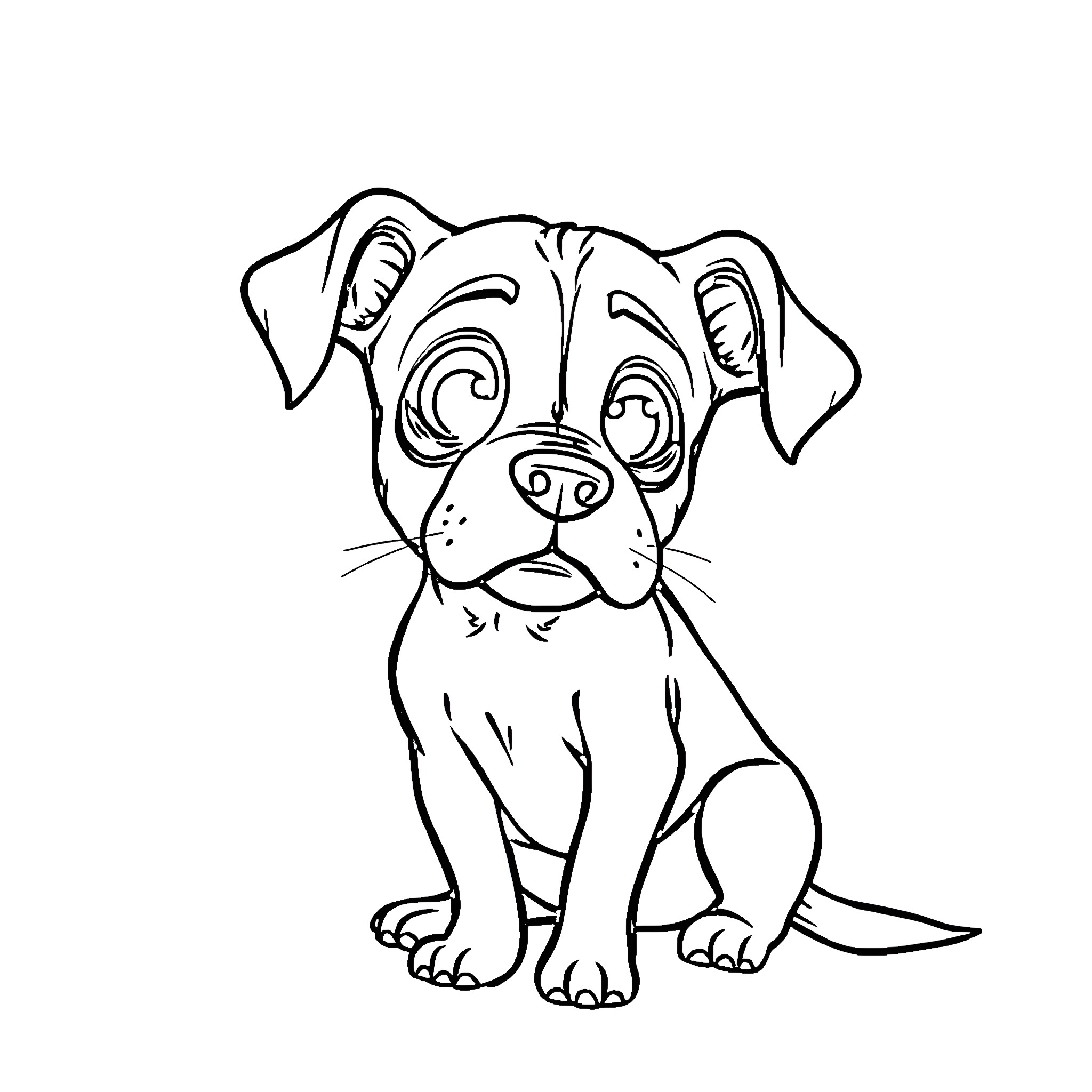 Dog sitting curiously and looking at the viewer Coloring Page (free black-and-white line drawing printable PDF for all, from beginners to advanced learners, including children, teens, adults, and seniors)