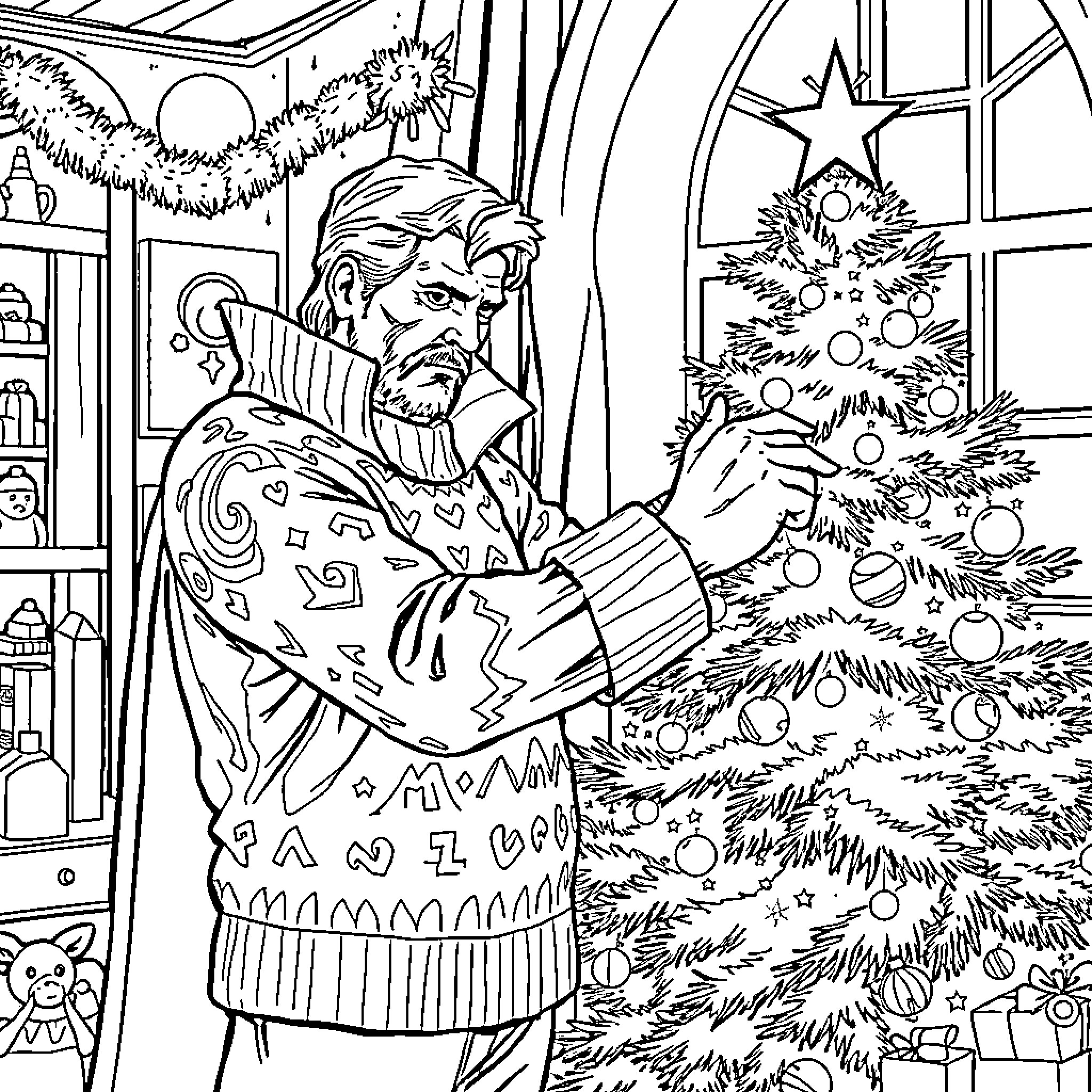 Dr. Strange decorating a Christmas tree Coloring Page (free black-and-white line drawing printable PDF for all, from beginners to advanced learners, including children, teens, adults, and seniors)