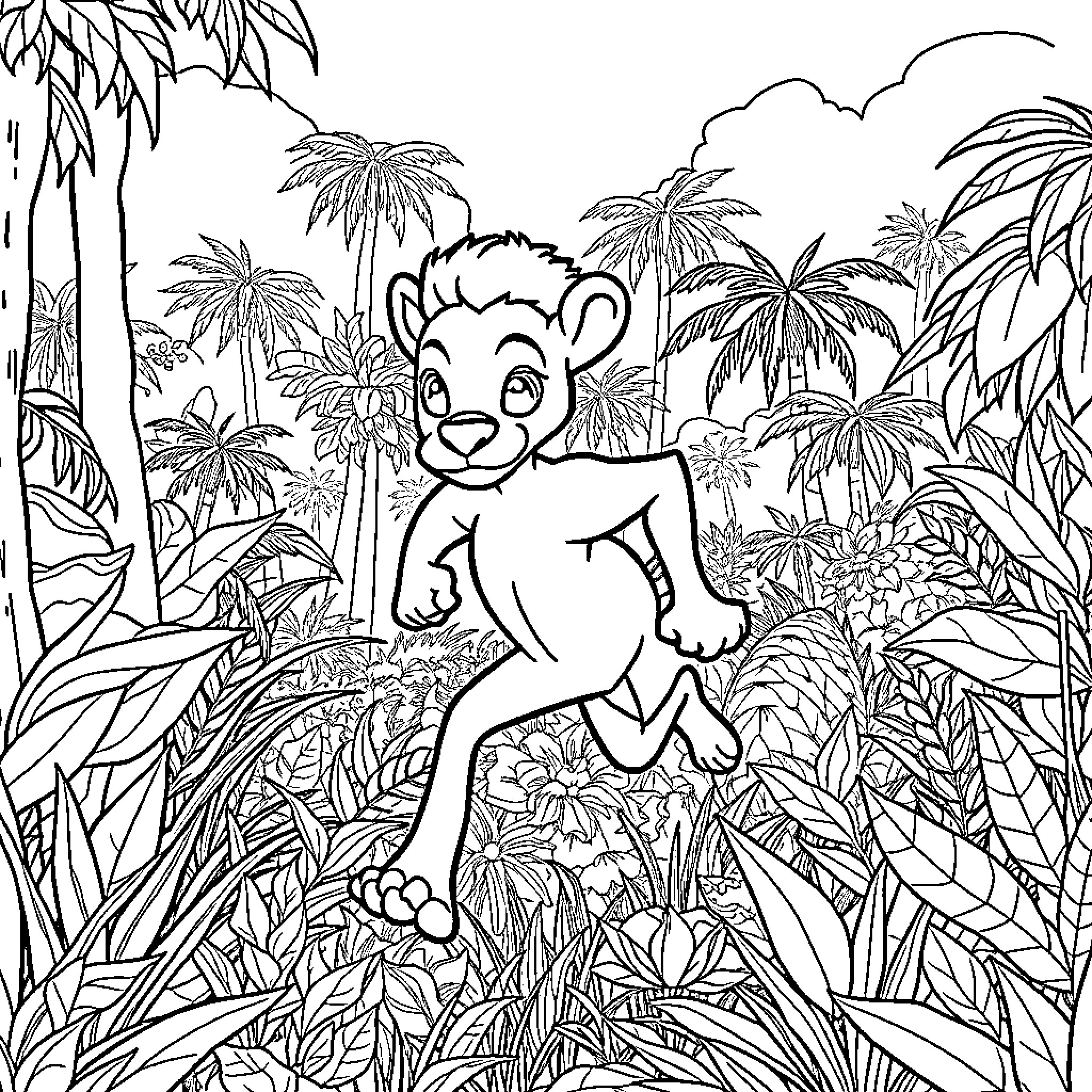 Mbappe playing in a tropical jungle landscape Coloring Page (free black-and-white line drawing printable PDF for all, from beginners to advanced learners, including children, teens, adults, and seniors)