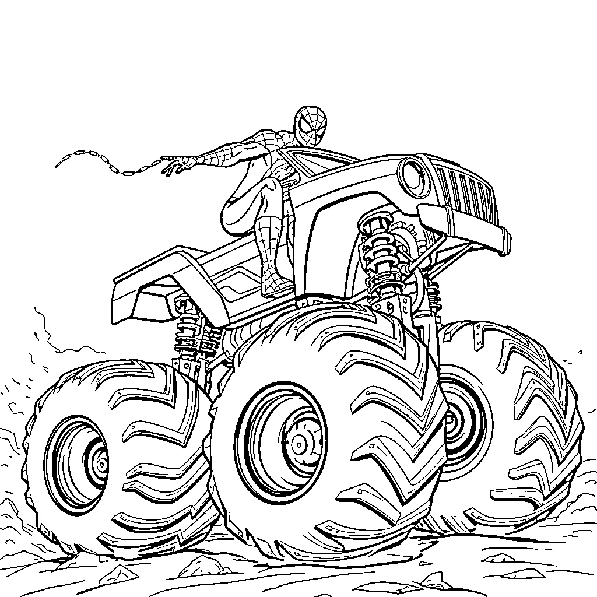 Spiderman riding a monster truck off-road Coloring Page (free black-and-white line drawing printable PDF for all, from beginners to advanced learners, including children, teens, adults, and seniors)