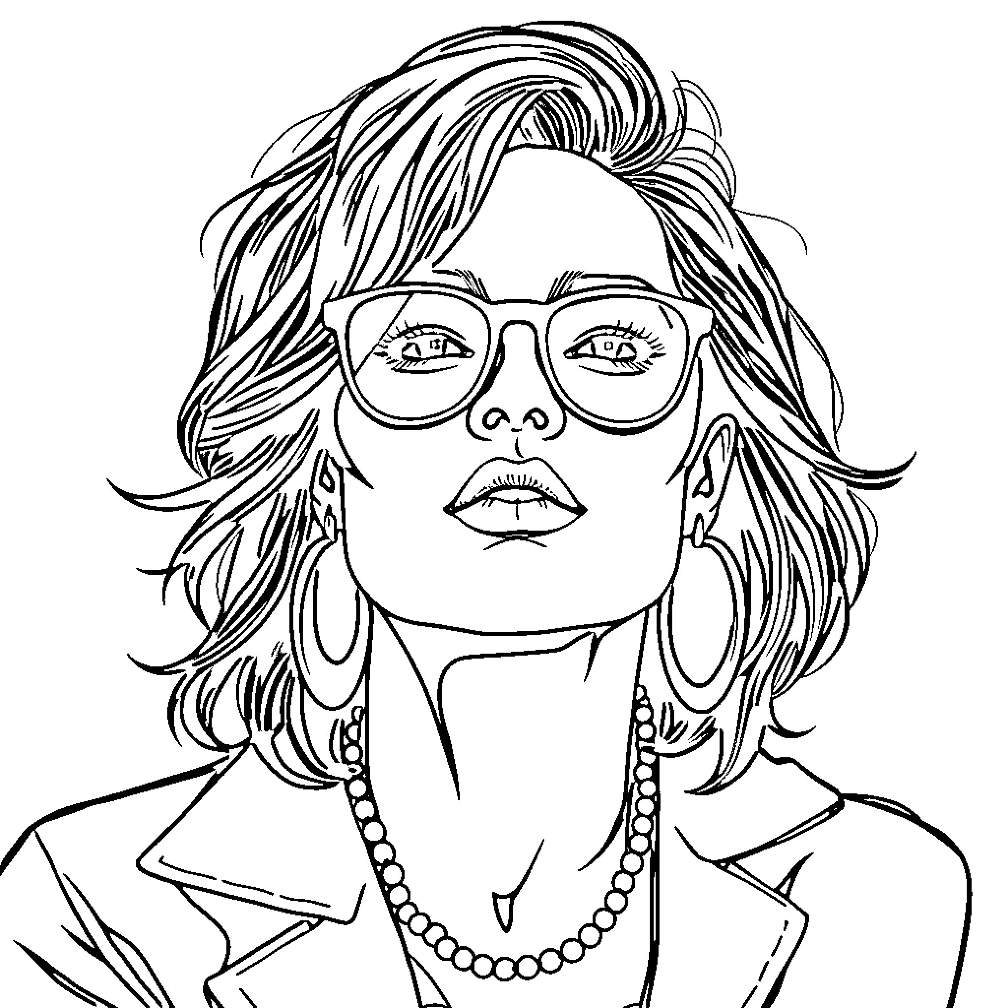 Celebrity in Stylish Eyewear and Accessories Coloring Page (free black-and-white line drawing printable PDF for all, from beginners to advanced learners, including children, teens, adults, and seniors)