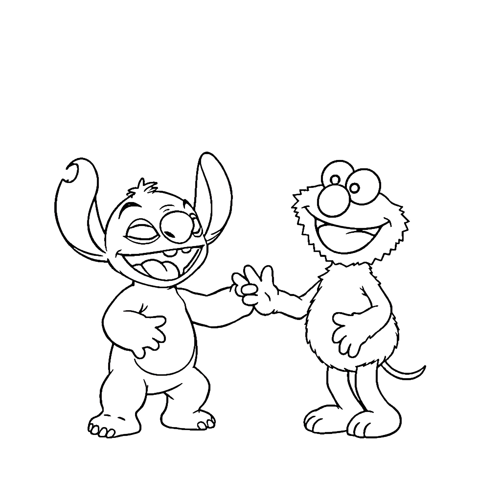 Stitch and Cookie Monster Happily Interact Coloring Page (free black-and-white line drawing printable PDF for all, from beginners to advanced learners, including children, teens, adults, and seniors)