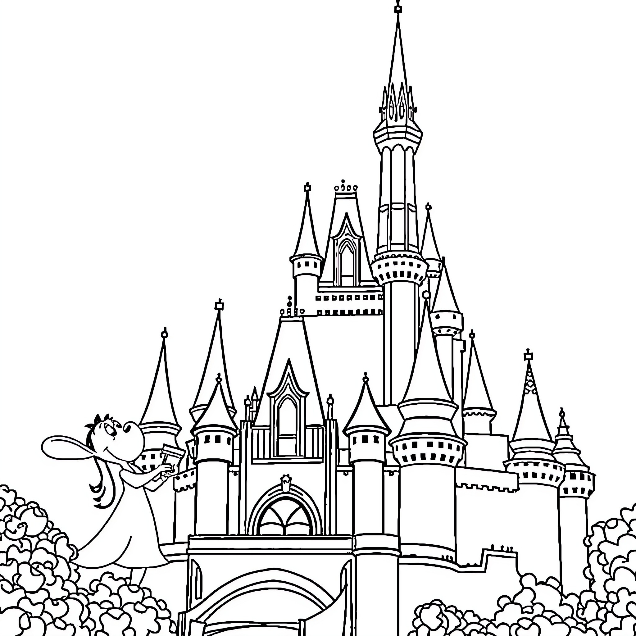 Disney castle with whimsical tower designs Coloring Page (free black-and-white line drawing printable PDF for all, from beginners to advanced learners, including children, teens, adults, and seniors)