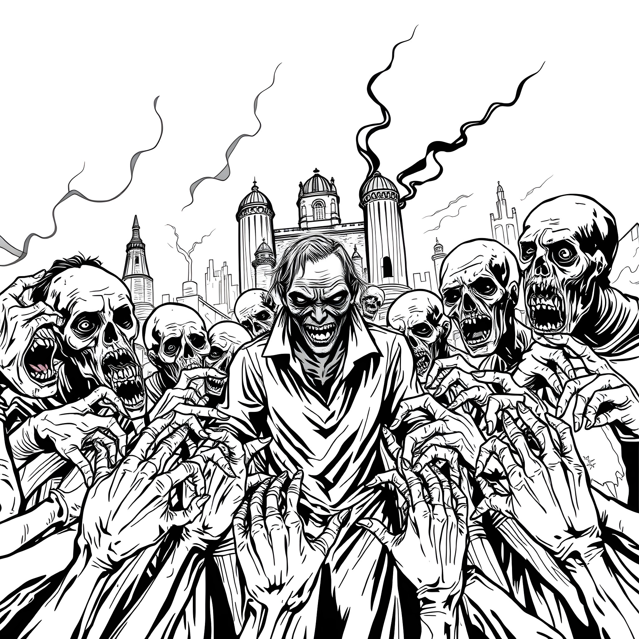 Zombie Invasion of the City Coloring Page (free black-and-white line drawing printable PDF for all, from beginners to advanced learners, including children, teens, adults, and seniors)