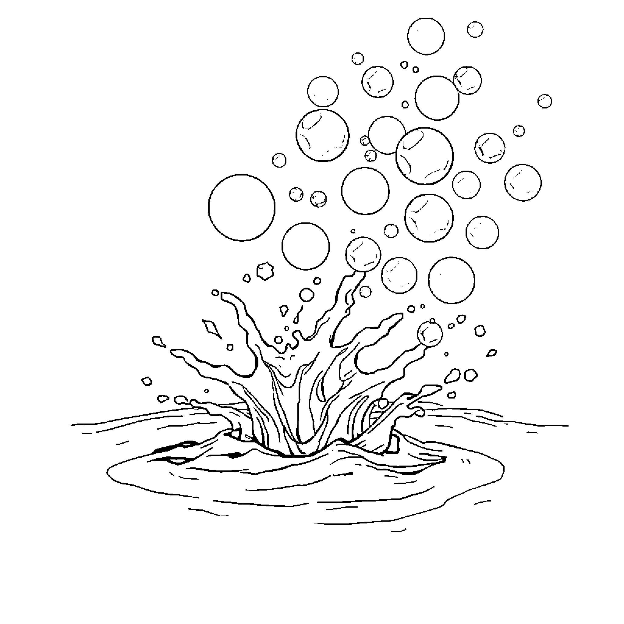 Splash of bubbles and water Coloring Page (free black-and-white line drawing printable PDF for all, from beginners to advanced learners, including children, teens, adults, and seniors)