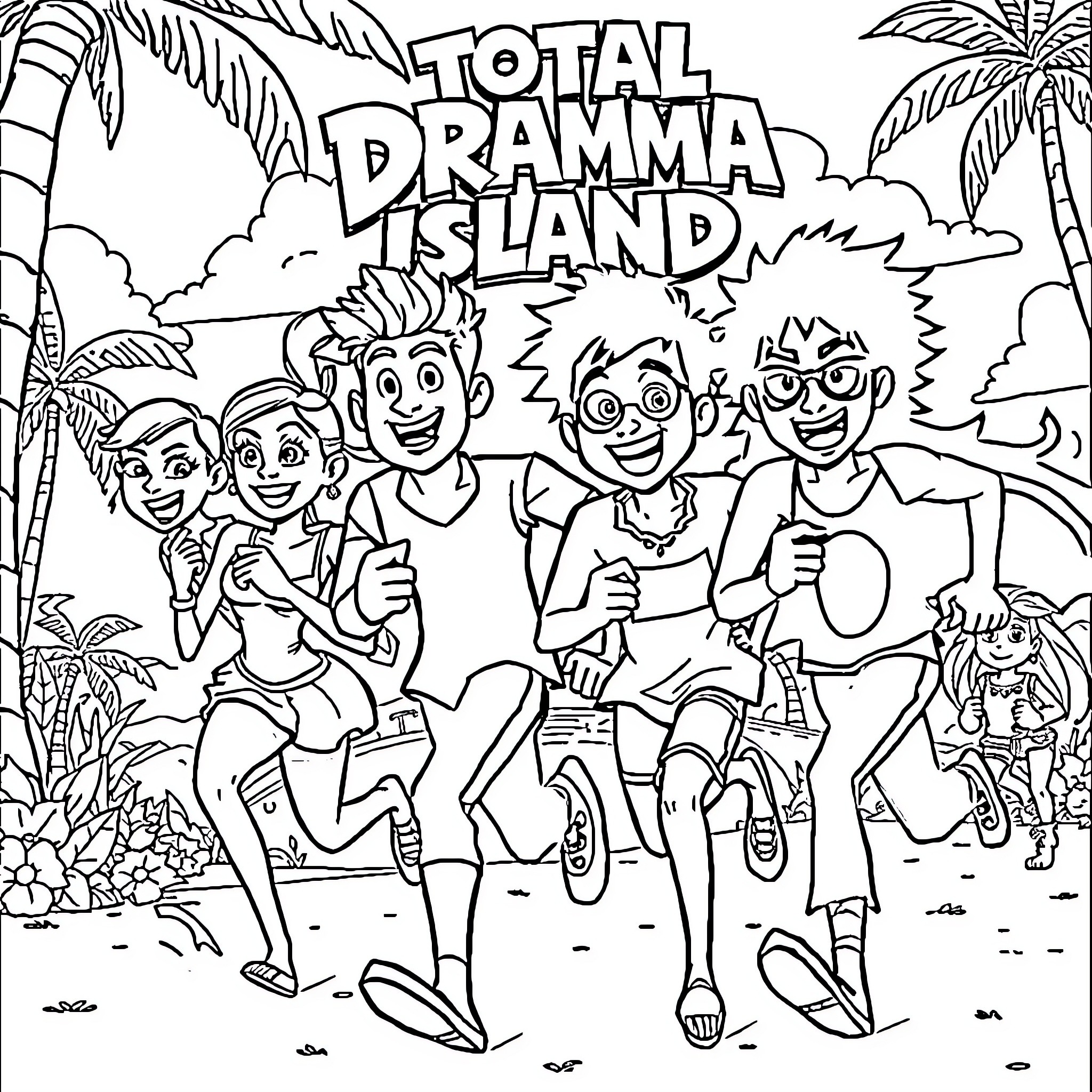 Total Drama Island: Teens Exploring the Tropical Island Coloring Page (free black-and-white line drawing printable PDF for all, from beginners to advanced learners, including children, teens, adults, and seniors)