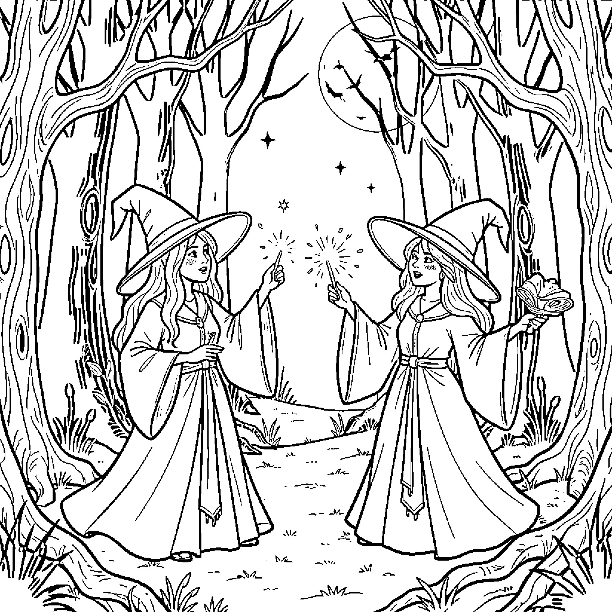 Witch figures casting magic spells in a forest Coloring Page (free black-and-white line drawing printable PDF for all, from beginners to advanced learners, including children, teens, adults, and seniors)