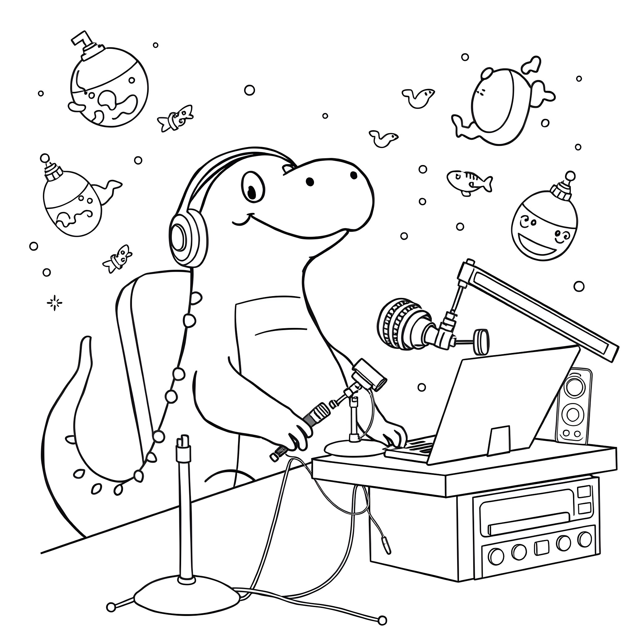 Quagsire enjoying music and recording in a studio Coloring Page (free black-and-white line drawing printable PDF for all, from beginners to advanced learners, including children, teens, adults, and seniors)