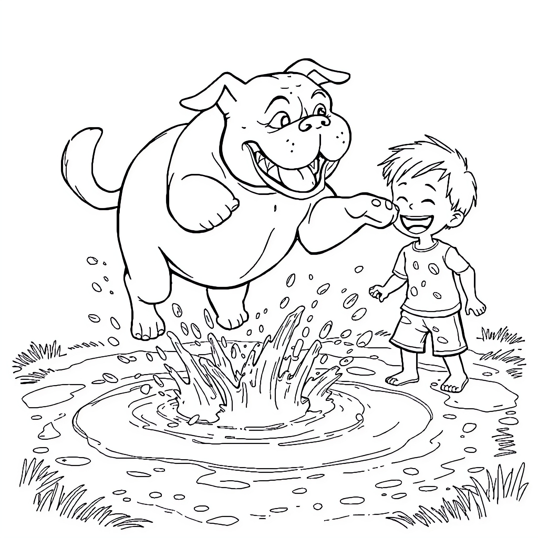 Dog happily playing with a child in a puddle Coloring Page (free black-and-white line drawing printable PDF for all, from beginners to advanced learners, including children, teens, adults, and seniors)