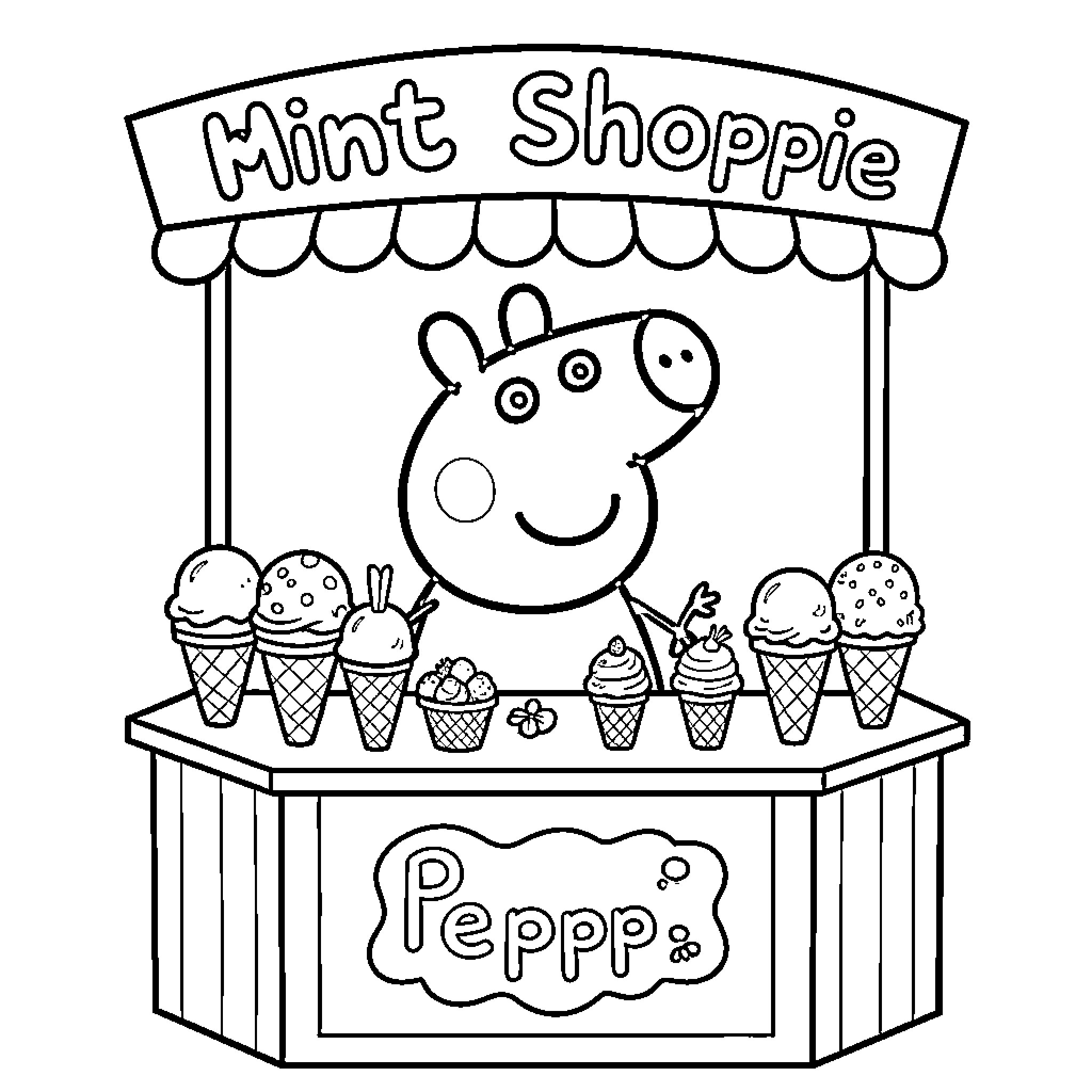 Shoppie character serving delicious ice cream at a stall Coloring Page (free black-and-white line drawing printable PDF for all, from beginners to advanced learners, including children, teens, adults, and seniors)