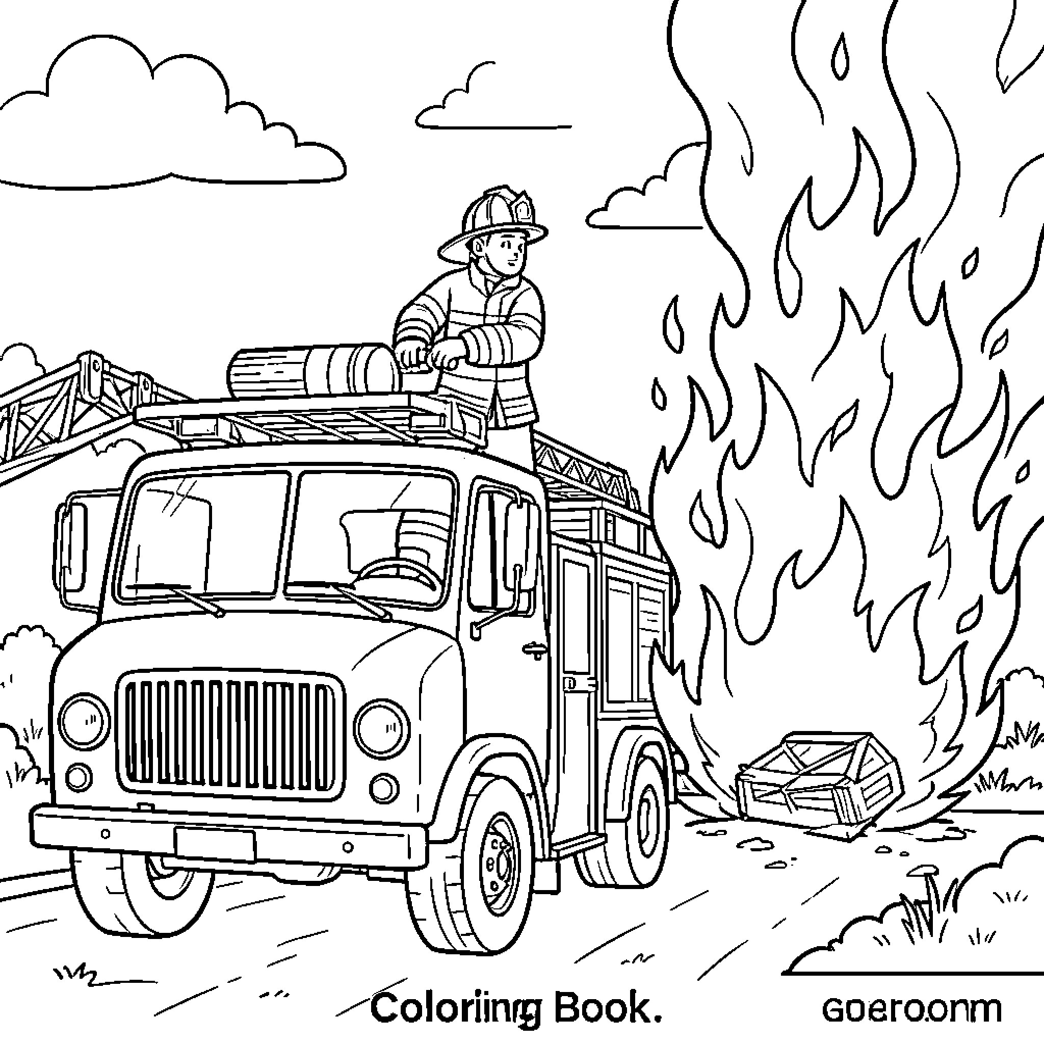 Firefighter standing on a truck battling large flames Coloring Page (free black-and-white line drawing printable PDF for all, from beginners to advanced learners, including children, teens, adults, and seniors)