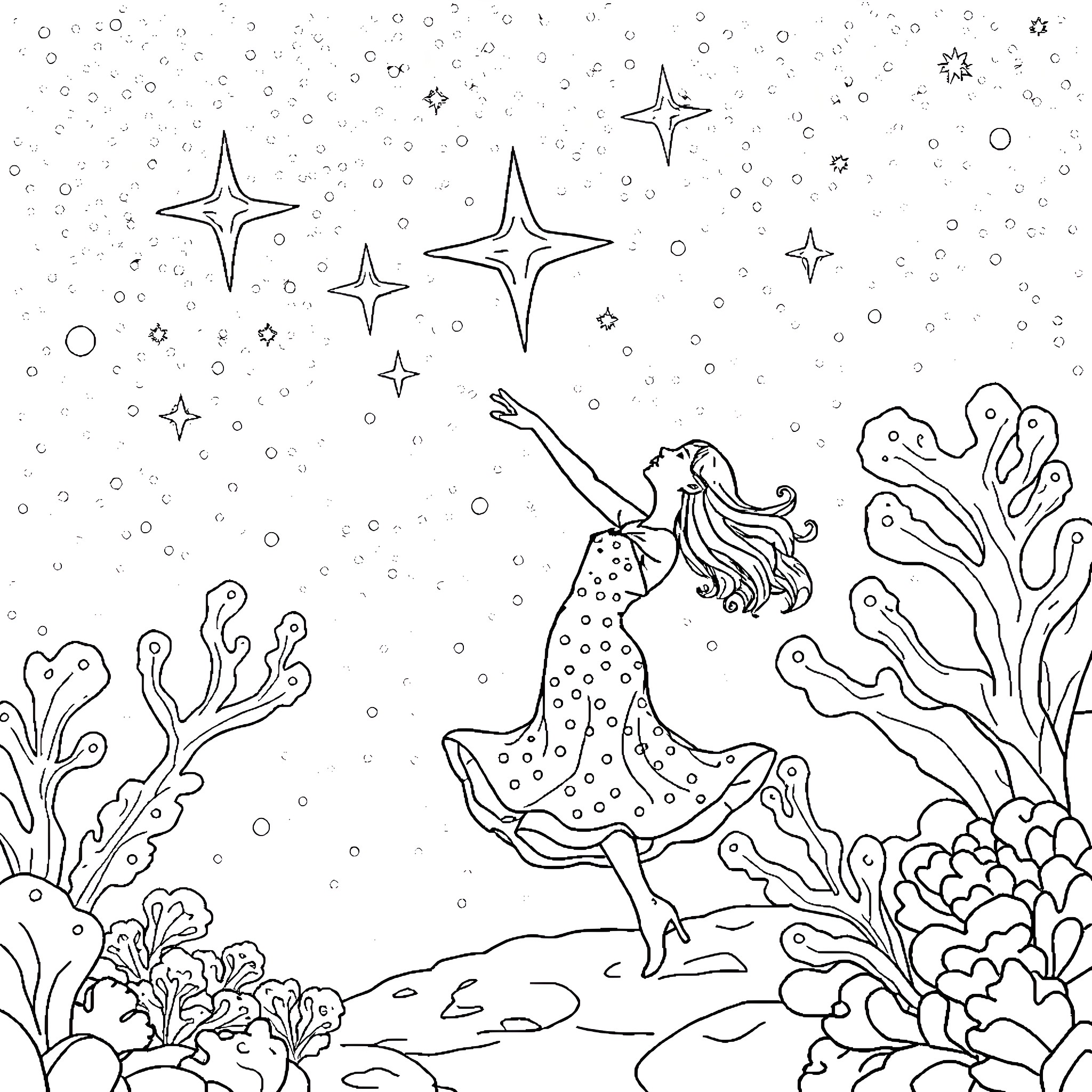 Coralline dancing under the starry night sky Coloring Page (free black-and-white line drawing printable PDF for all, from beginners to advanced learners, including children, teens, adults, and seniors)