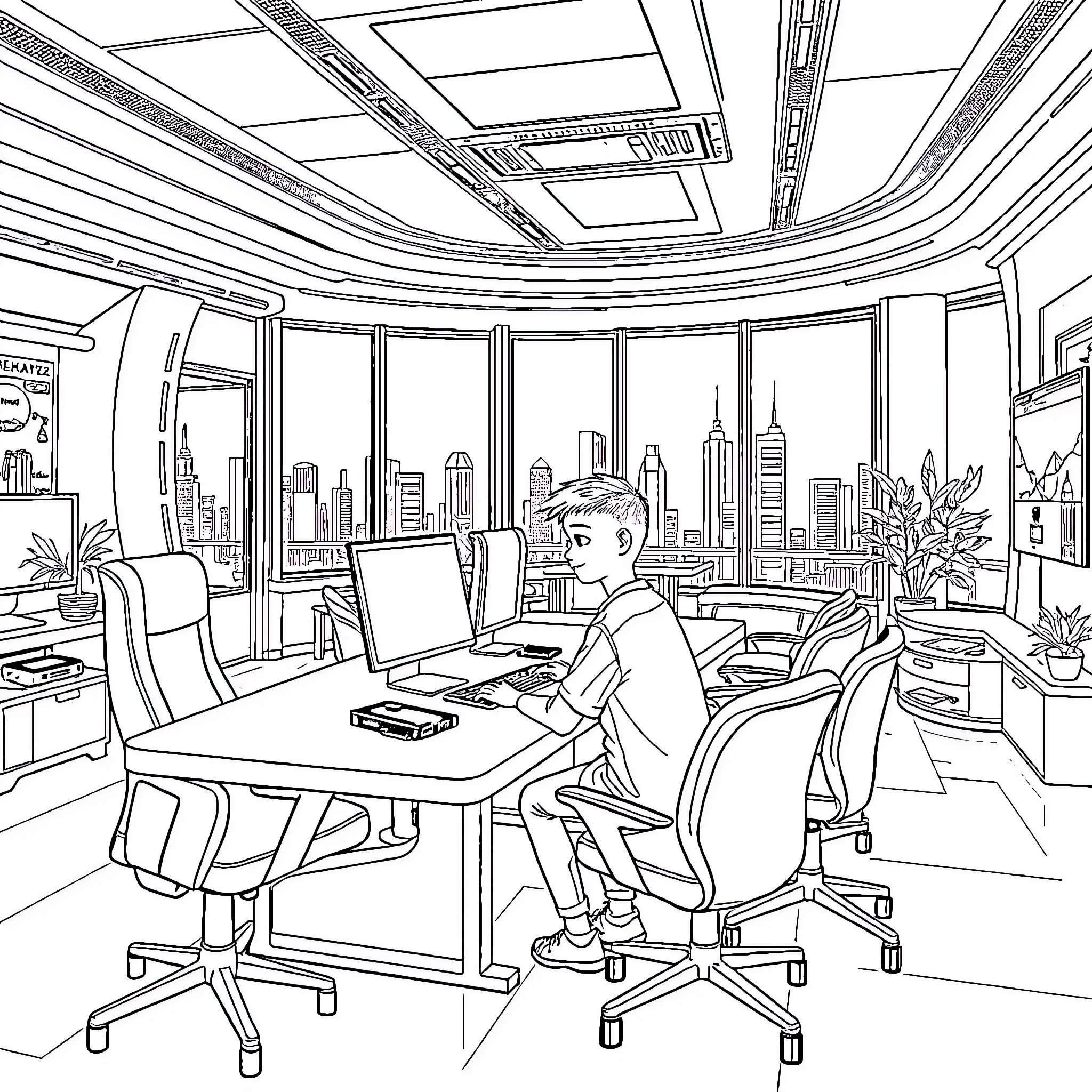 Boy working diligently at his desk in modern office Coloring Page (free black-and-white line drawing printable PDF for all, from beginners to advanced learners, including children, teens, adults, and seniors)