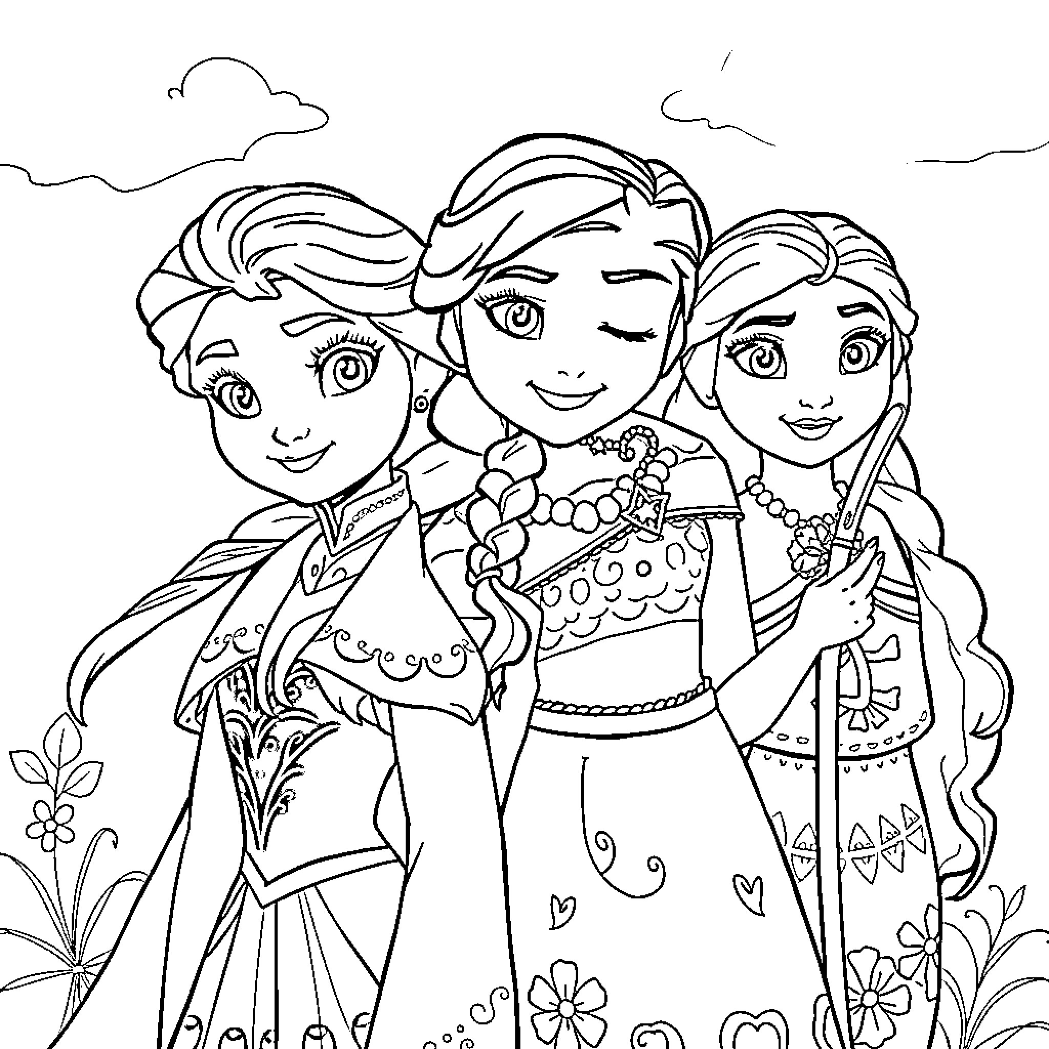 Frozen friends frolicking in the flowers Coloring Page (free black-and-white line drawing printable PDF for all, from beginners to advanced learners, including children, teens, adults, and seniors)
