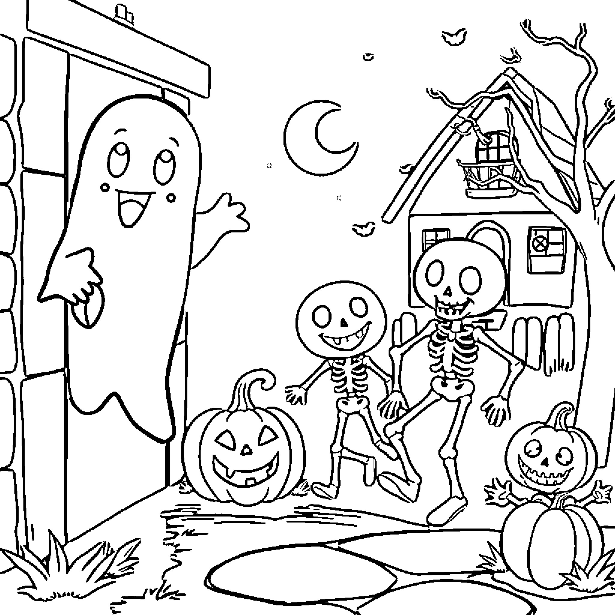 Ghost characters celebrate Halloween night Coloring Page (free black-and-white line drawing printable PDF for all, from beginners to advanced learners, including children, teens, adults, and seniors)
