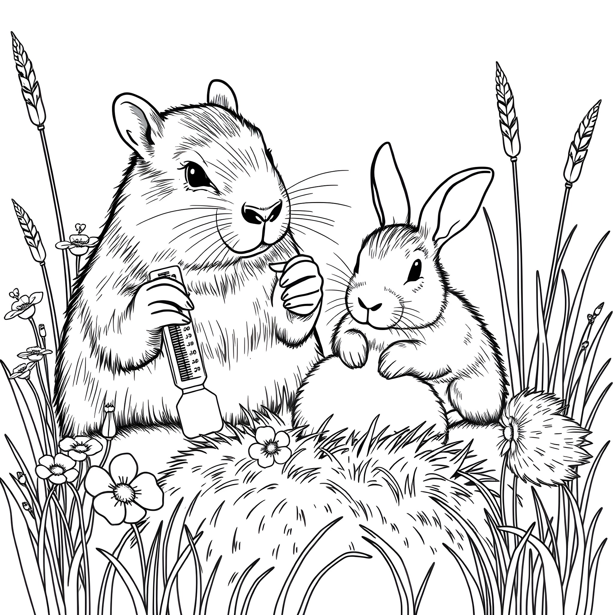 Capybara and Rabbit Playing in the Meadow Coloring Page (free black-and-white line drawing printable PDF for all, from beginners to advanced learners, including children, teens, adults, and seniors)
