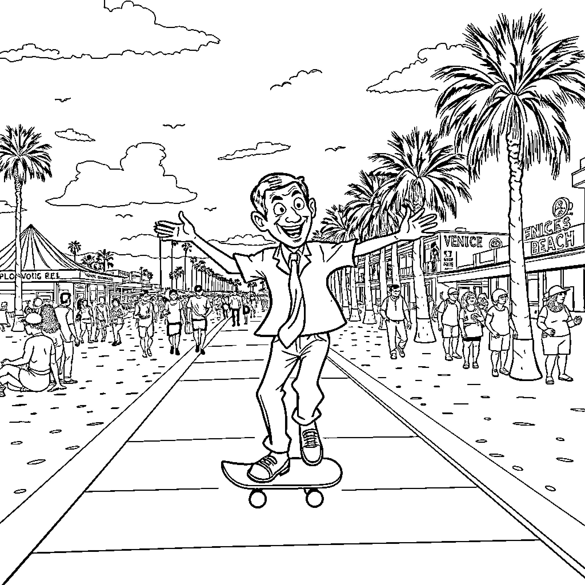 Mr Bean's Exciting Skateboard Adventure in Venice Beach Coloring Page (free black-and-white line drawing printable PDF for all, from beginners to advanced learners, including children, teens, adults, and seniors)