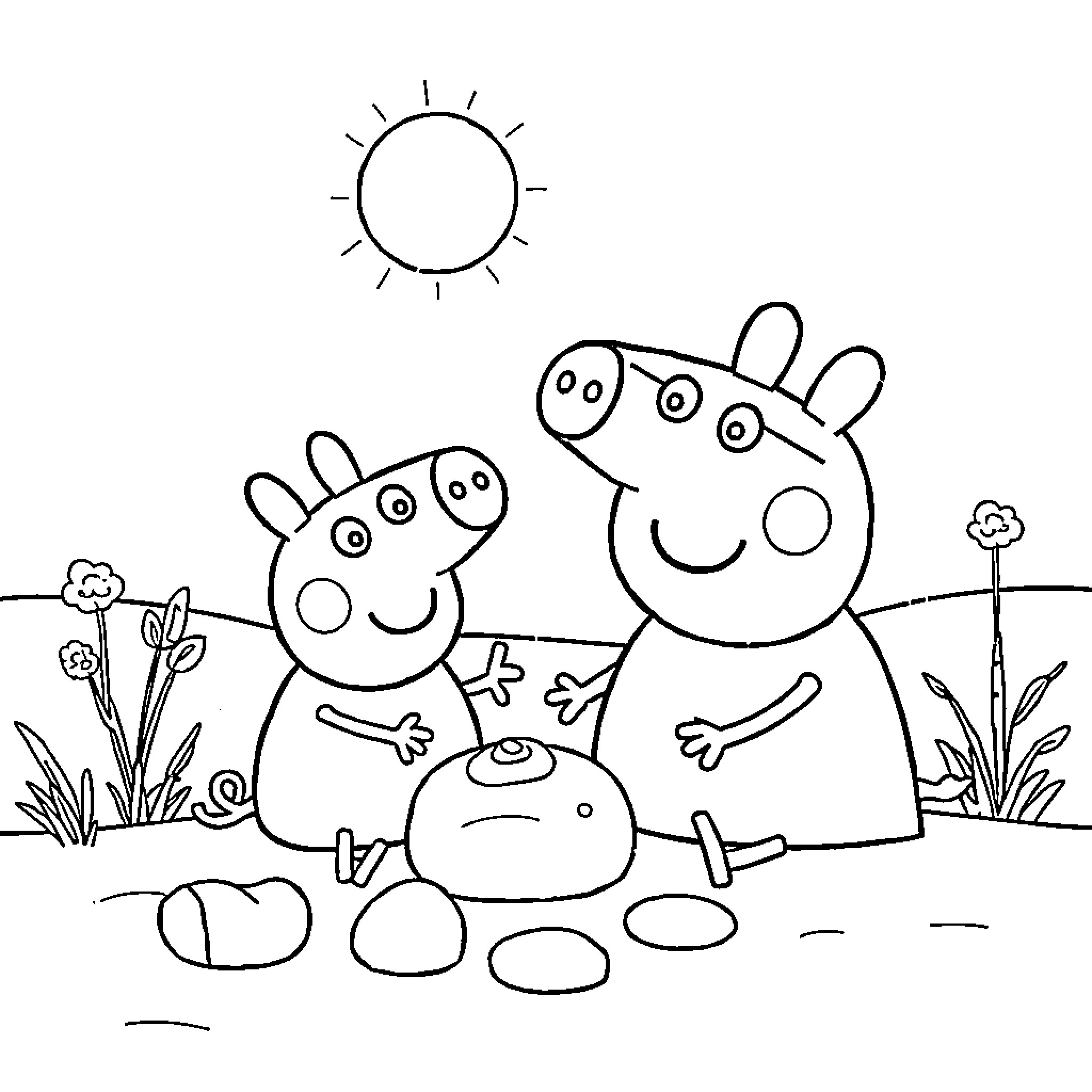Peppa Pig and George playing in the garden Coloring Page (free black-and-white line drawing printable PDF for all, from beginners to advanced learners, including children, teens, adults, and seniors)