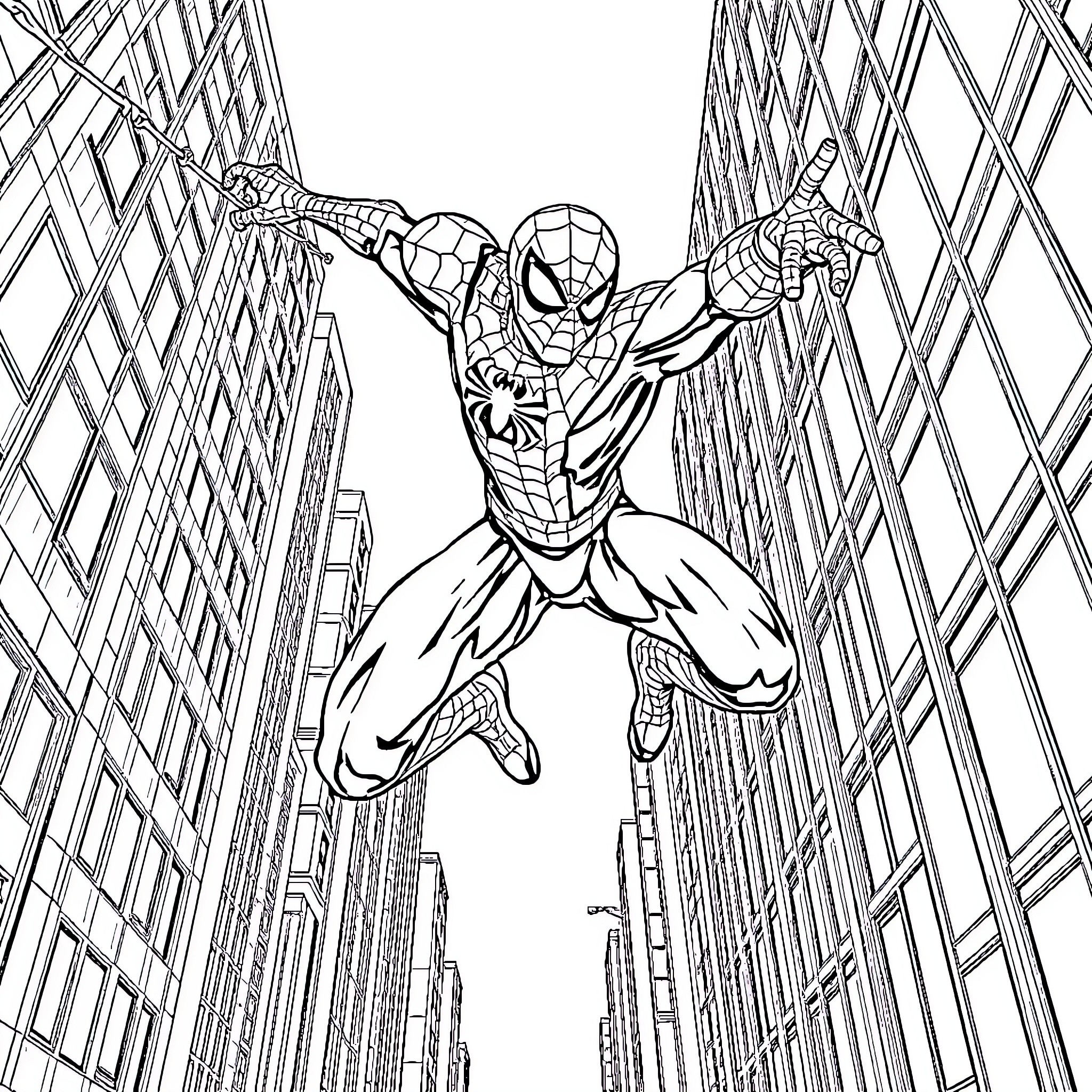 Spiderman swinging through the city skyline Coloring Page (free black-and-white line drawing printable PDF for all, from beginners to advanced learners, including children, teens, adults, and seniors)