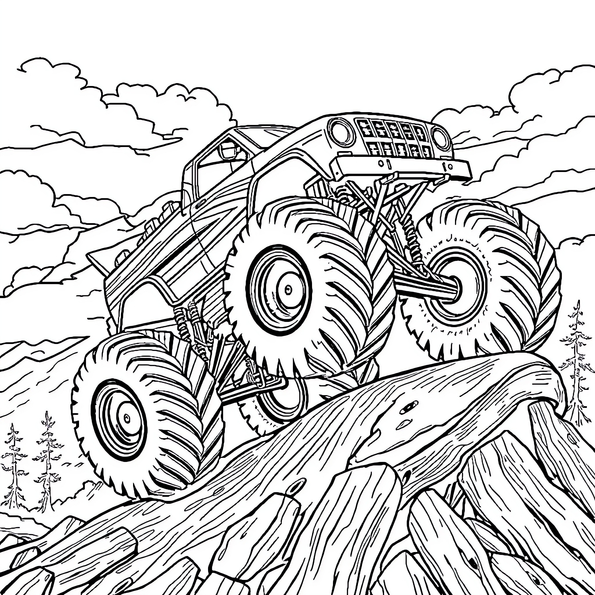 Monster Truck Crushing Through Rugged Terrain Coloring Page (free black-and-white line drawing printable PDF for all, from beginners to advanced learners, including children, teens, adults, and seniors)